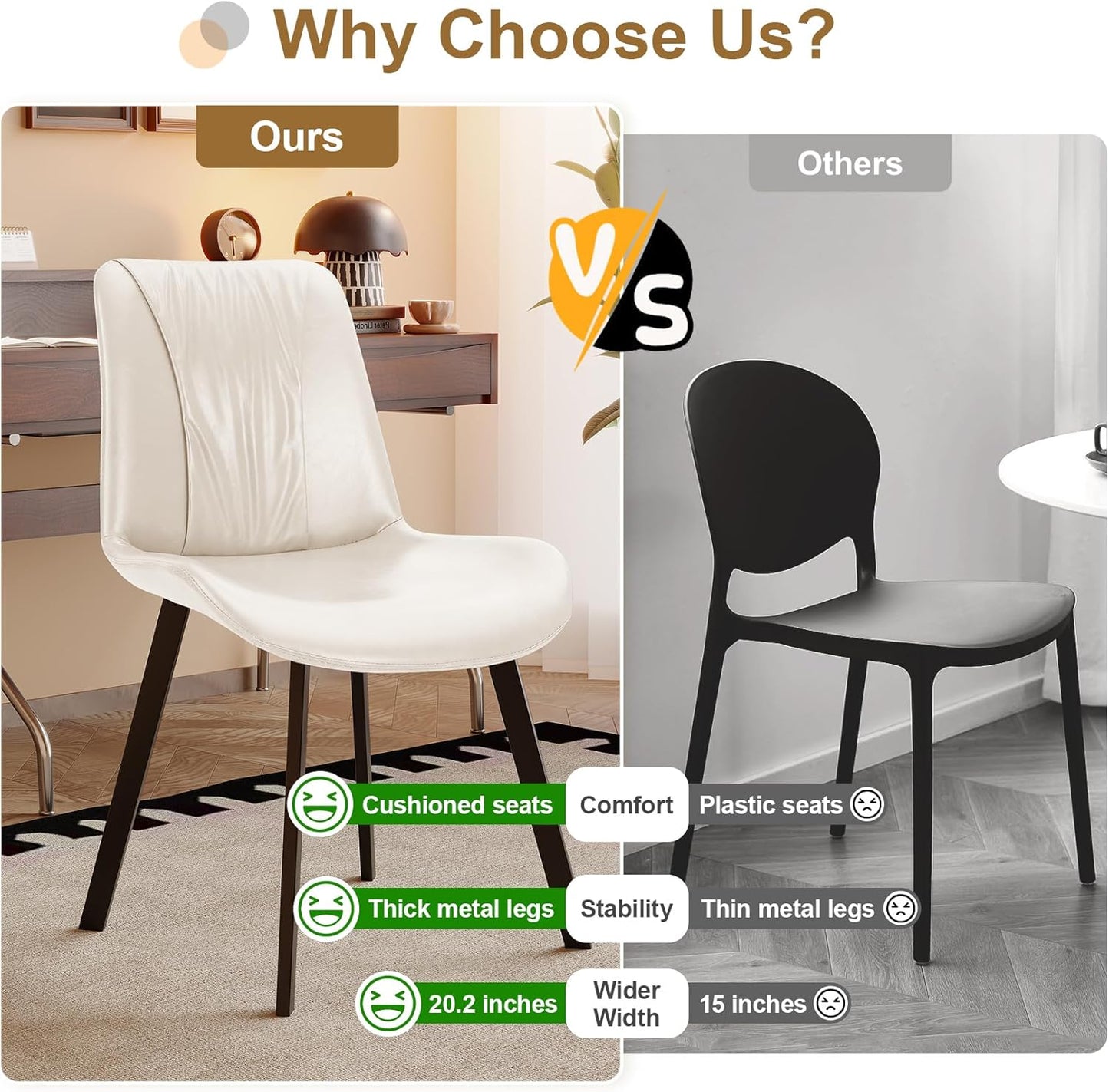 Upholstered Dining Chairs Set of 2, Modern Kitchen & Dining Room Chairs, Faux Leather, Sturdy Metal Legs, for Living Room, Cafe & Restaurant- White