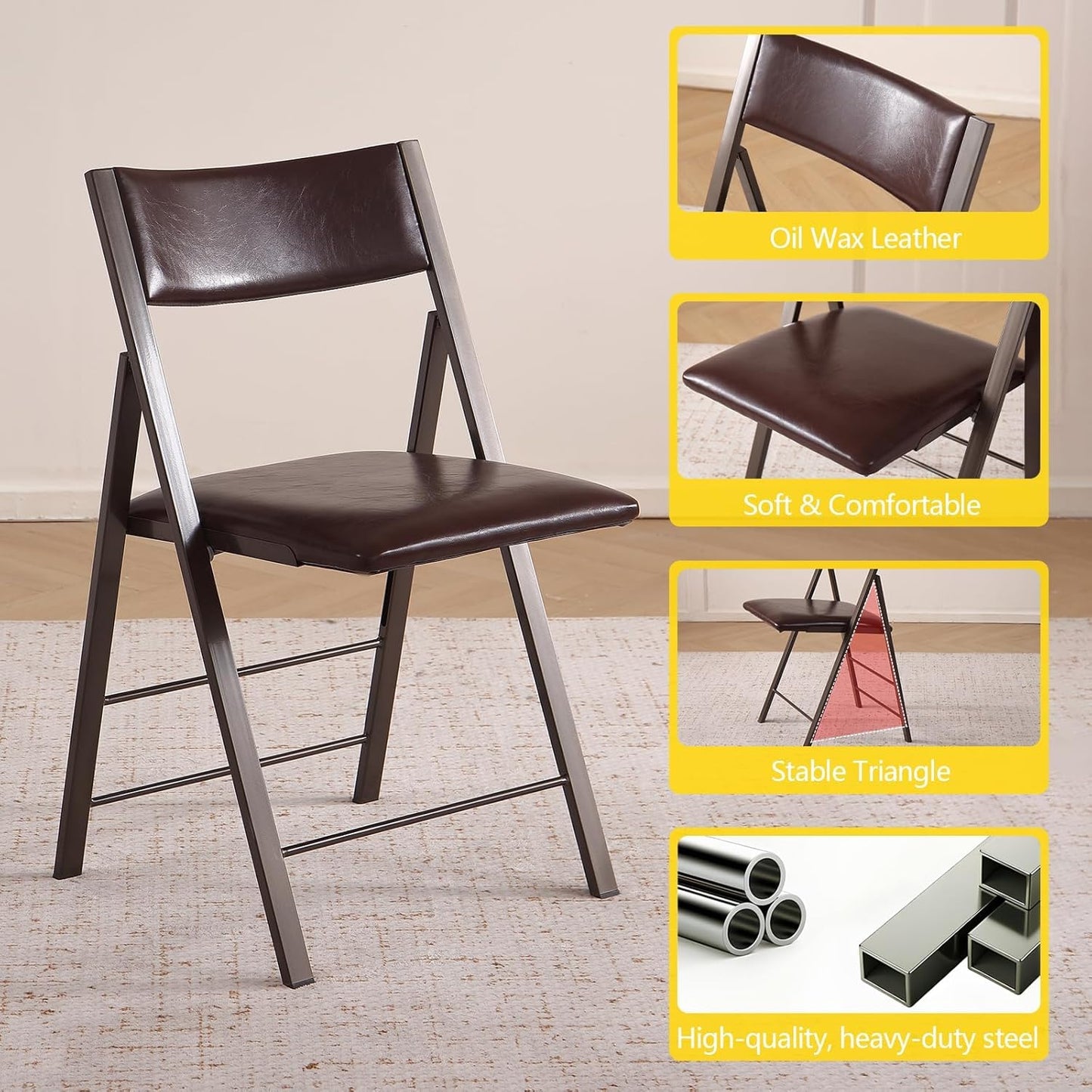 Folding table and chair set, dining table with extra large storage space and 4 universal wheels, matched with padded steel frame folding chairs, space-saving dining table and 4 chairs (Brown)