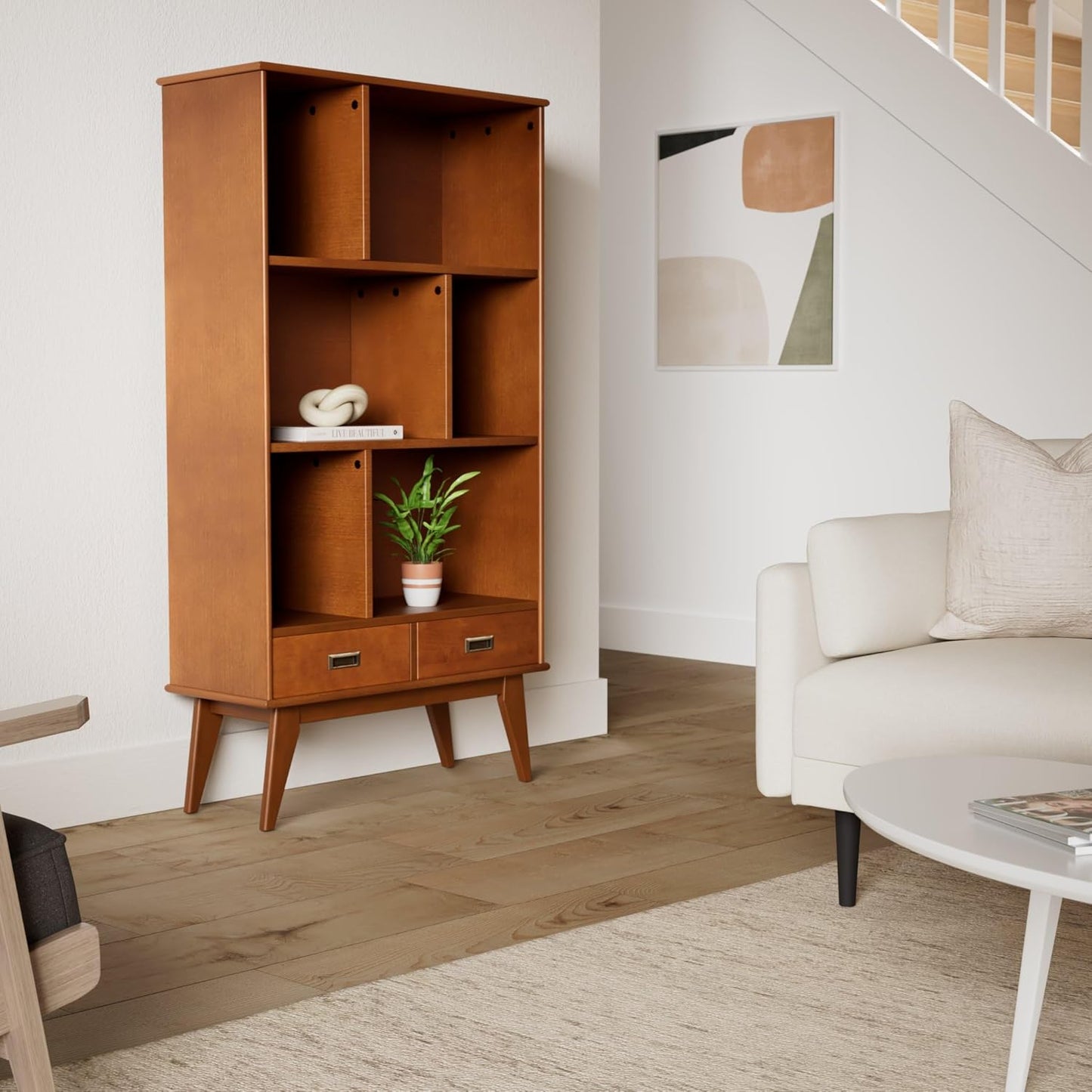 SIMPLIHOME Draper Bookcase - 64 inch Tall Solid Hardwood Wide Storage Bookshelf in Teak Brown, Mid-Century Modern Storage for Living Room, Study Room or Office with Adjustable Shelves and Tapered Legs