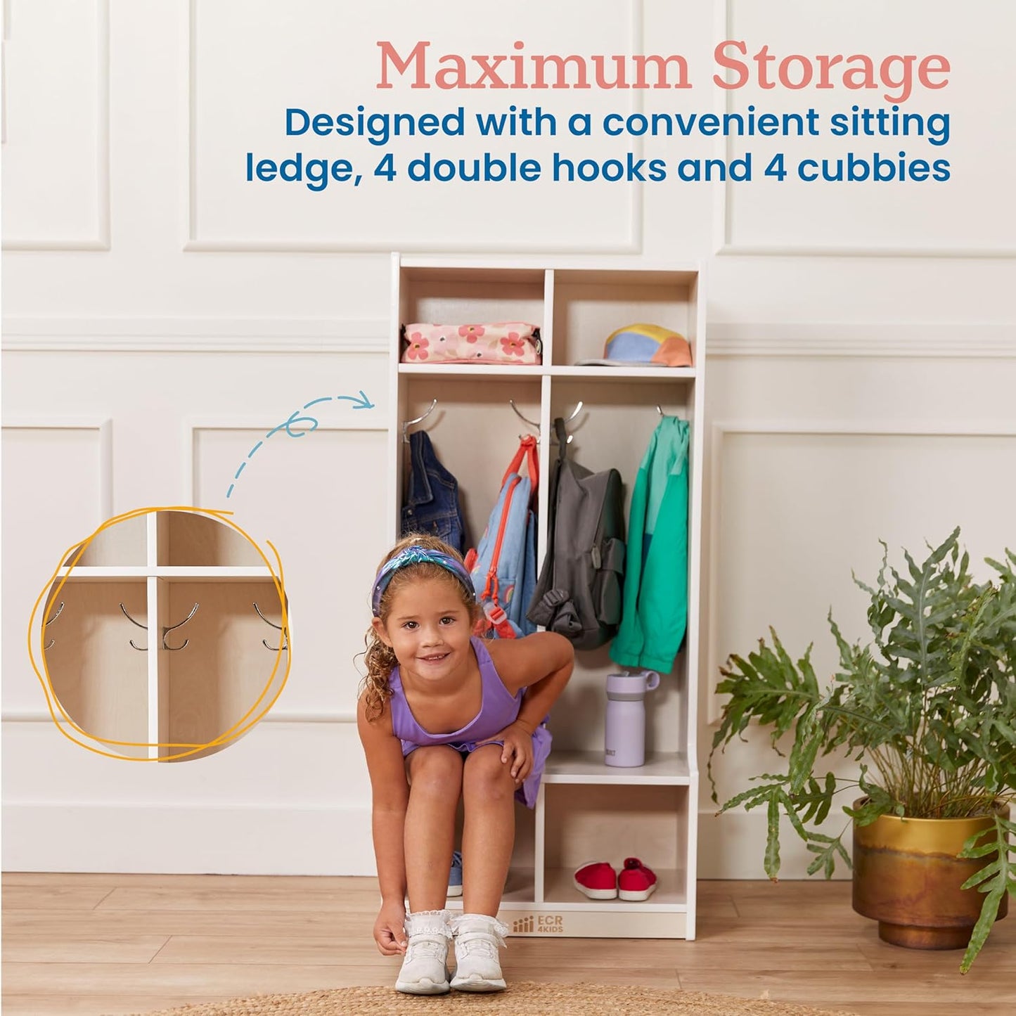 ECR4Kids 2-Section Coat Locker with Bench, Classroom Furniture, White Wash