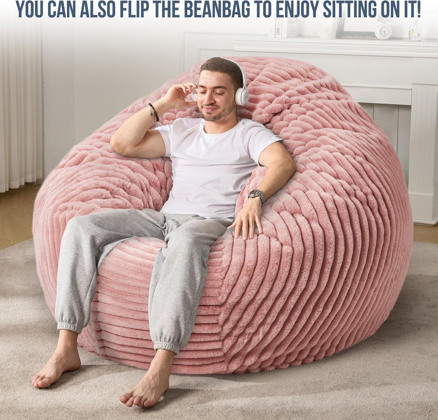 Hobestluk 6ft Bean Bag Chairs for Adults Large Beanbag Chair with Stripe Plush Cover Big Bean Bag Chair for Living Room Bedroom Dorm Office - Pink (70" x 70" x 15")