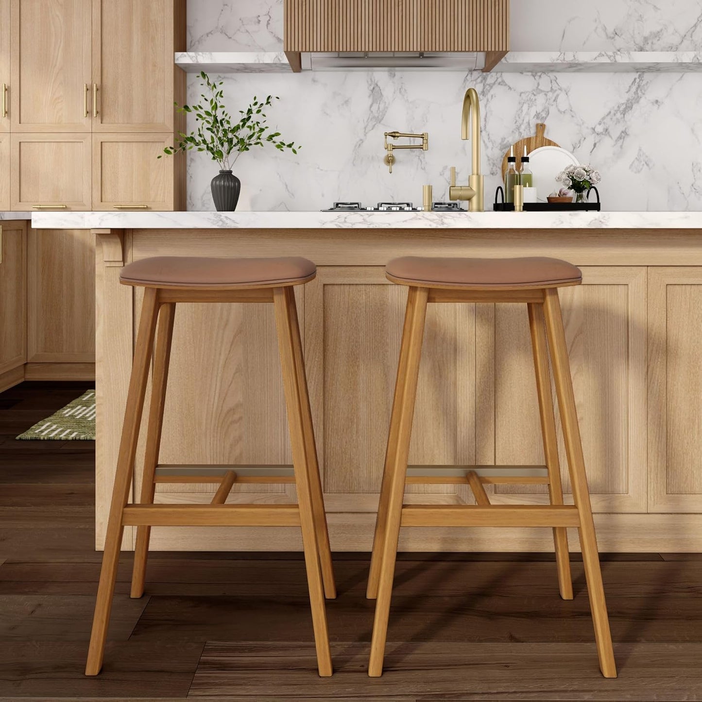 Plank+Beam Beryl Bar Height Stool - Mid-Century Modern Rubberwood Bar Stool with Faux Leather Seat, Metal Footrest, Easy Assembly, Pecan/Toffee