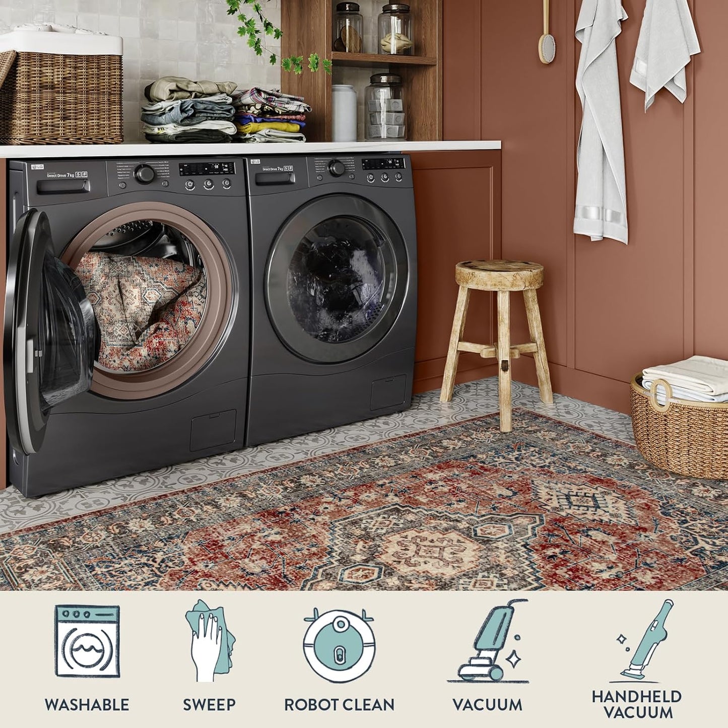 Lahome Oriental Washable Rugs 8x10, Non-Slip Soft 8x10 Rugs for Living Room Bedroom, Stain Resistant Ultra-Thin Vintage Accent Carpet for Dining Room Office, Brick Red