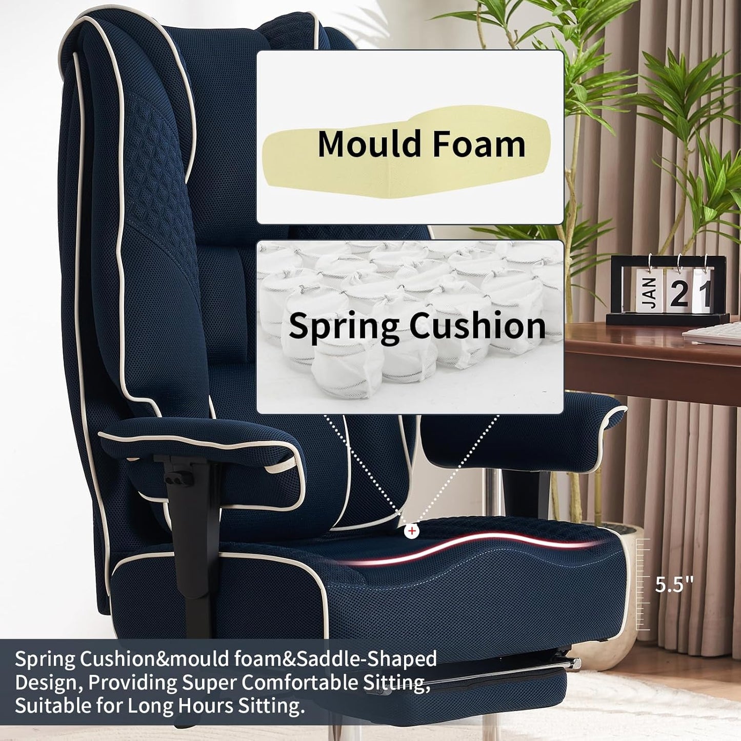 Big and Tall Office Chair 400lbs Wide Seat, Leather High Back Executive Office Chair with Foot Rest, Ergonomic Chairs Lumbar Support for Lower Back Pain Relief (Mesh Dark Blue)