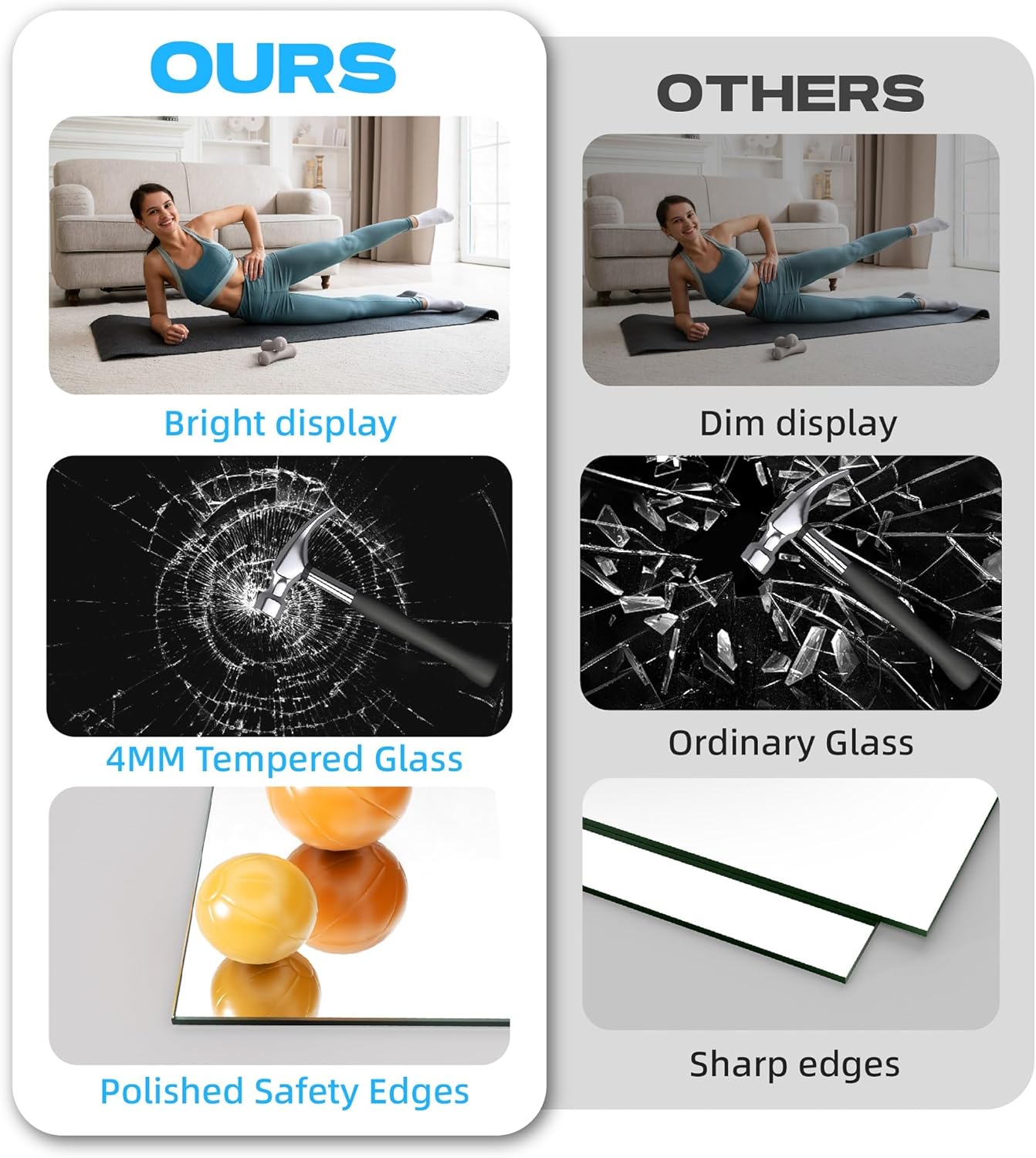 Hasipu 2Pcs 71''x31'' Home Gym Mirror Large Full Length Wall Mounted Full Body Mirror for Yoga Dance Fitness Exercise Studio Bedroom Garage, Frameless Tempered Glass Workout Mirrors Walnut Rectangular