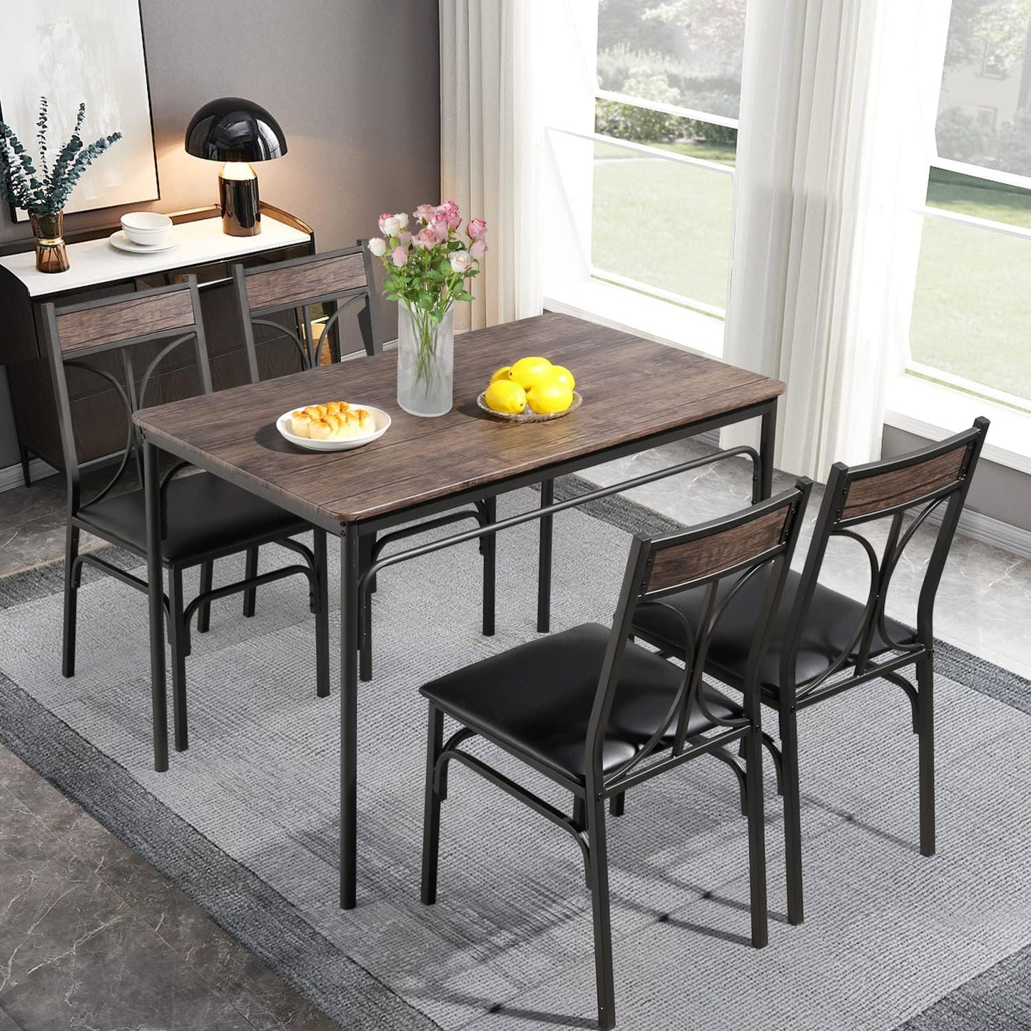 VECELO Kitchen Dining Room Table Set with 4 Chairs for Small Space, Apartment,Metal Steel Frame