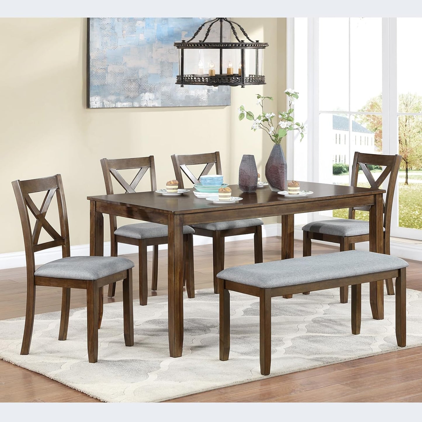 soges 6 Piece Kitchen Dining Set, Rectangular Wooden Dining Table with 4 Upholstered Chairs and a Bench, Dining Table Set for 6 People, Living Room, Home Bar and Kitchen, Walnut