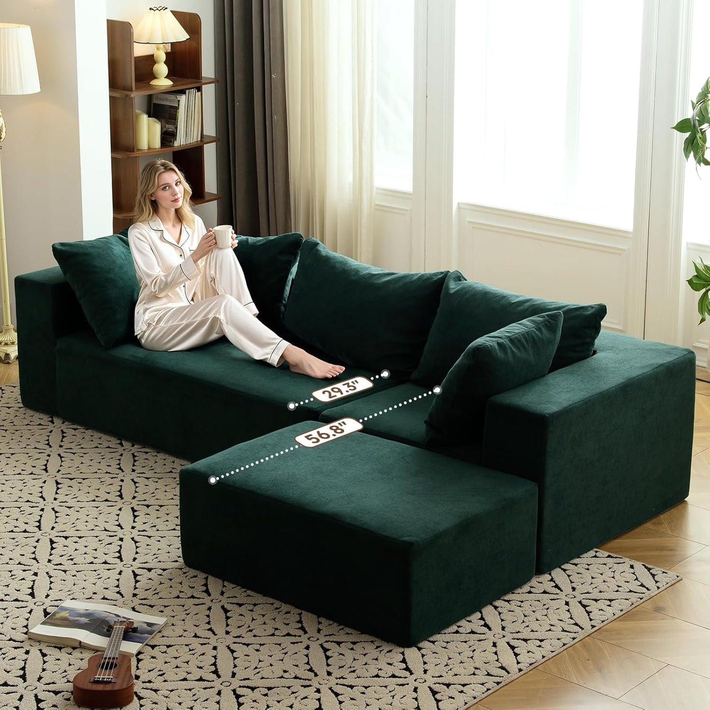 Vamcheer Modular Sectional Sofa with Chaise, Modern L Shaped Cloud Couch with Deep Seat, Sectional Couches for Living Room, Bedroom, Office, No Assembly Required, Green