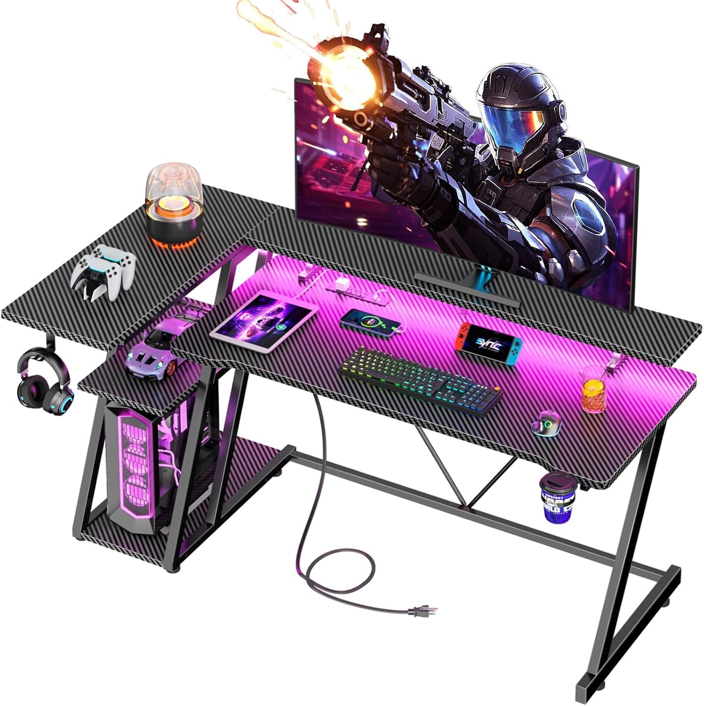 55 Inch Gaming Desk with Power Outlet & LED Lights, L Shaped Gamer Computer Table with Storage Shelves for Bedroom, Corner Home Office Desk, Carbon Fiber Black