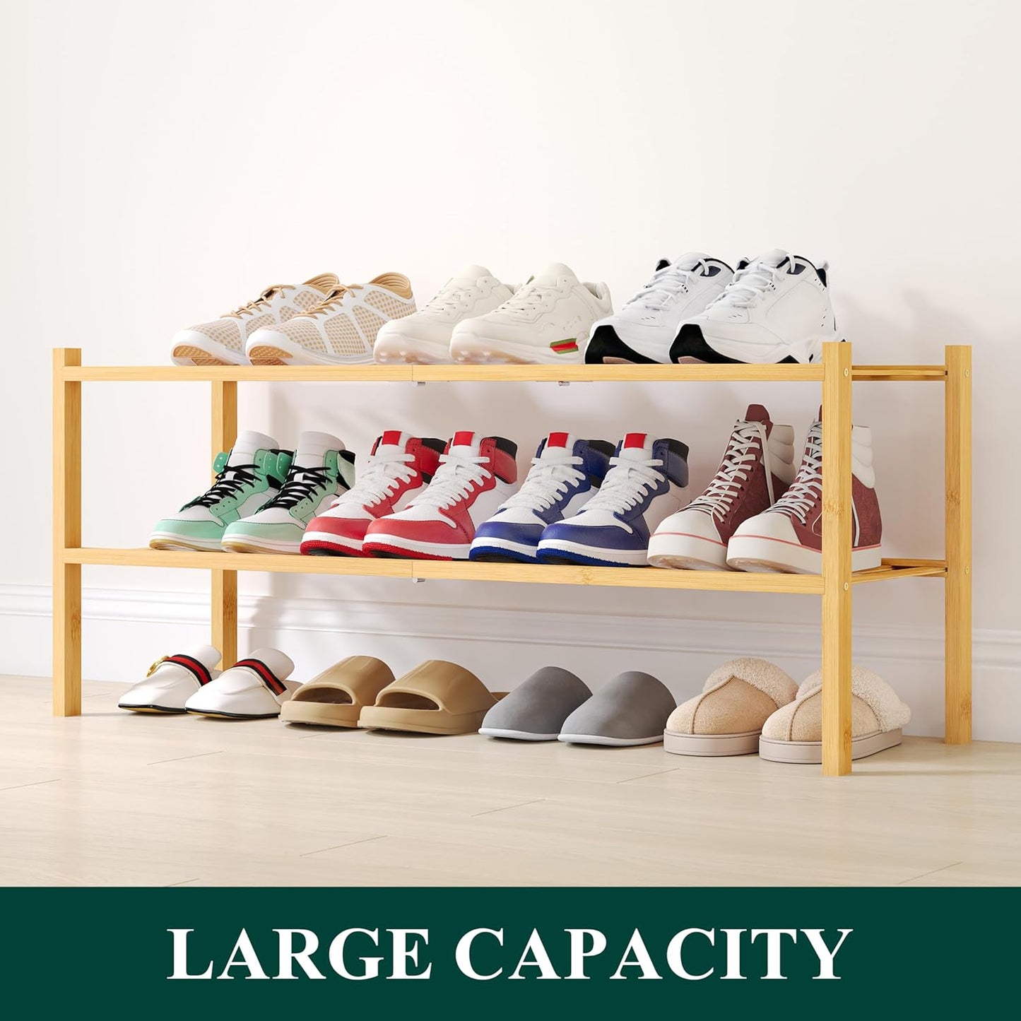 Smiry Shoe Rack, 2 Tier Long Bamboo Shoe Organizer, Stackable Free Standing Wooden Shoe Storage Shelf for Closet, Entryway, Front Door Entrance, Natural