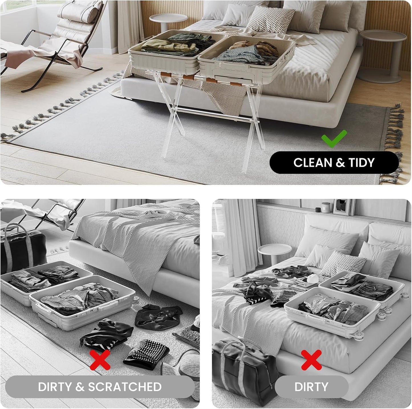 Sumerflos Acrylic Luggage Rack for Guest Room - Foldable Suitcase Stand with Leather Straps for Bedroom Living Room Hotel Heavy-Duty, Holds up to 50-100 lb lightweight Space Saving (Brown & Handle - 2 Pcs)