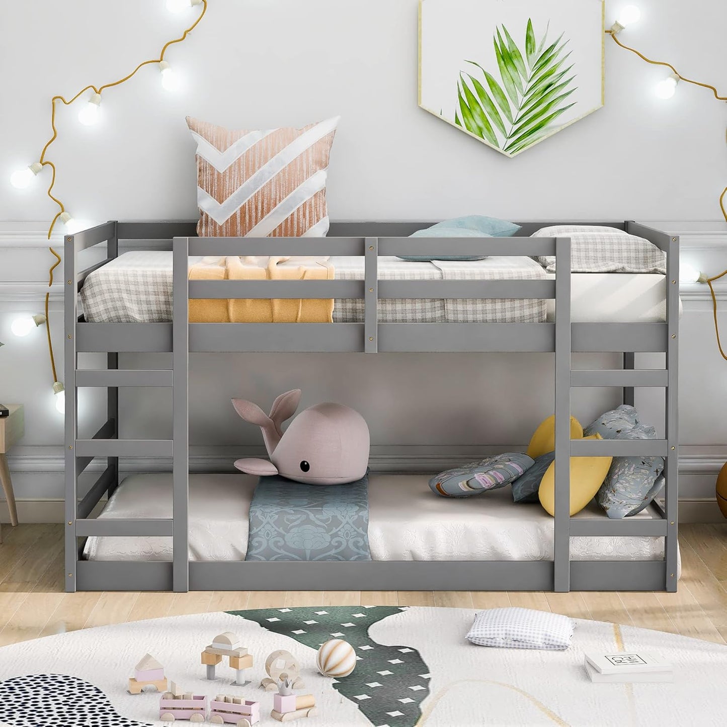 Ball & Cast Twin Over Full Bunk Bed with Two Drawers,Convertible Solid Wood Bed Frame with Ladder & Full Length Guardrails, Detachable Bunk Beds for Kids,Teens,Space Saving, No Box Spring Needed,Grey