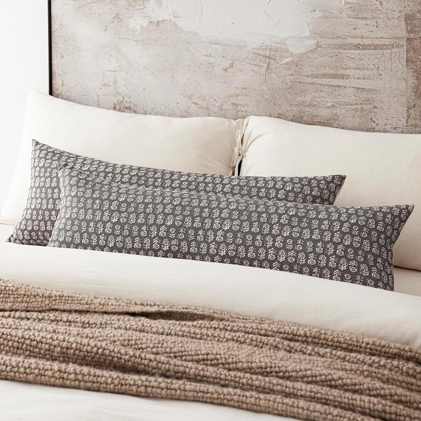 Foindtower Set of 2 Decorative Vintage Long Lumbar Throw Pillow Covers Neutral Modern Farmhouse Cushion Covers Floral Home Decor For Sofa Couch Chair Bedroom Living Room Outdoor,14×36 Inch,Rustic Gray