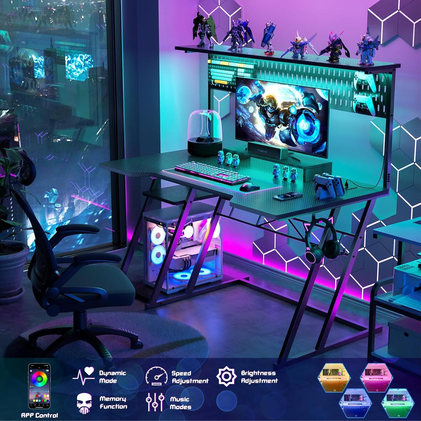 Gaming Computer Desk with Shelves and Outlets, Gaming Desk with Hutch and LED Lights, Reversible PC Gaming Desks with Pegboard, Carbon Fiber Black 47''