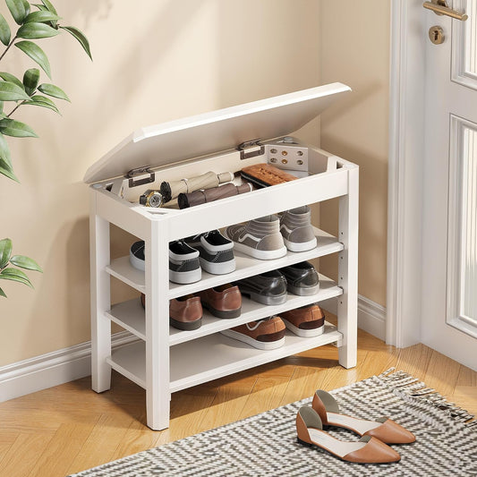 Shoe Rack Bench Seat Rubberwood 3-Tier Wooden Storage Bench 550lbs Compact Mid-Century Modern Design for Entryway, Hallway, Closet, Front Door Entrance, Foyer