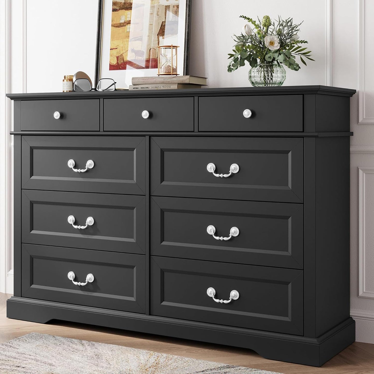 LINSY HOME Farmhouse Dresser for Bedroom, 9 Drawer Bedroom Dresser with Antique Handles, Wood Chest of Drawers for Nursery, Living Room, Entryway and Hallway, Black
