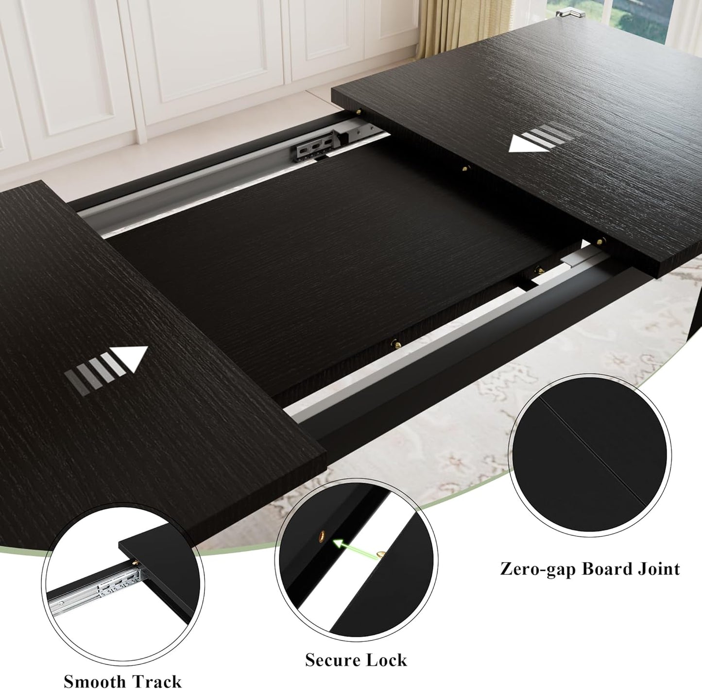 Feonase 7-Piece Dining Table Set for 4-8, 63" Large Extendable Kitchen Table Set with 6 Stools, Modern Dining Room Table with Heavy-Duty Frame, Easy Assembly, Black