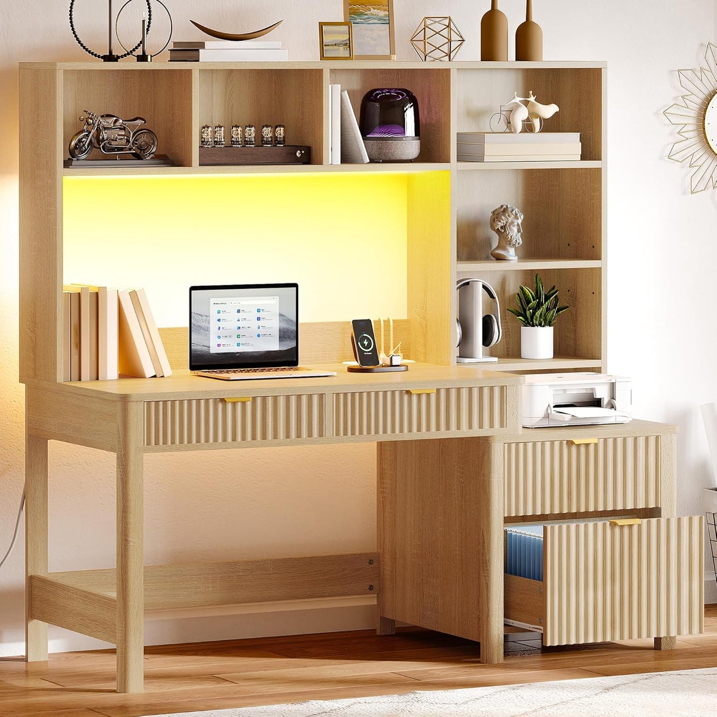 YITAHOME Computer Desk with Hutch and Drawers, 55" Office Desk with Storage Shelves and Printer Stand, Gaming Desk with Power Outlets & LED Lights, Fluted Sturdy Writing Workstation, Natural Oak