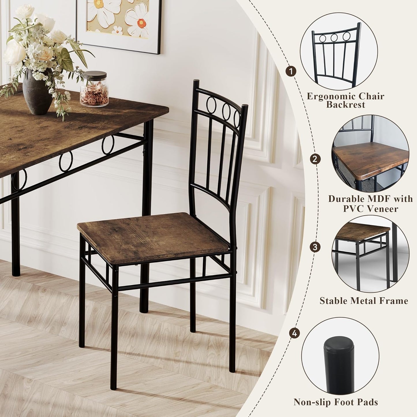 5 Piece Dining Table Set, Modern Metal&Wood Kitchen Dinner Table with 4 Chairs, Dining Room Table Sets for Small Spaces, Brown