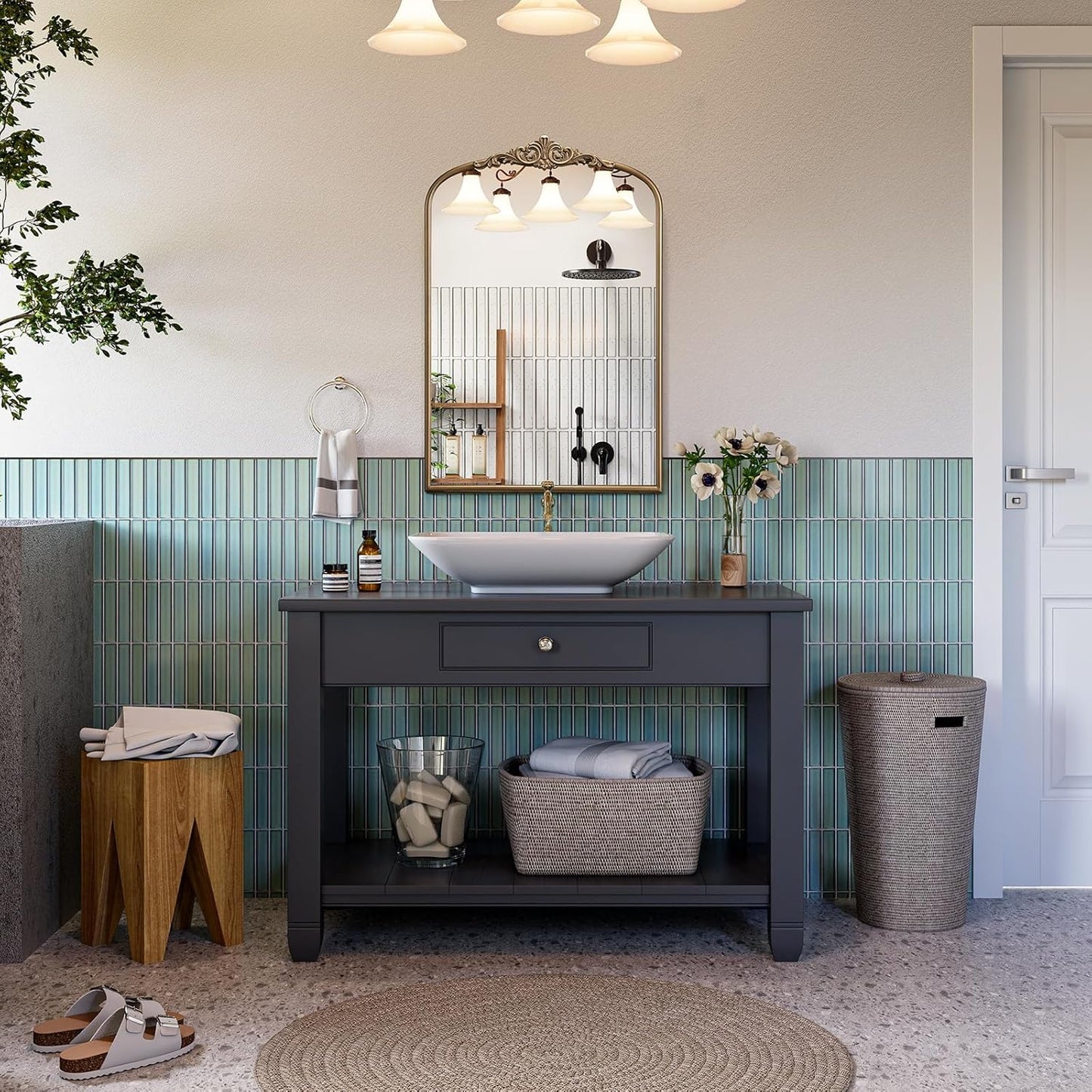 Arched Antique Wall Mirror, 22"x30" Vintage Gold Bathroom Vanity Mirror, Ornate Arch Bronze Mirror for Over Sink/Fireplace/Entryway