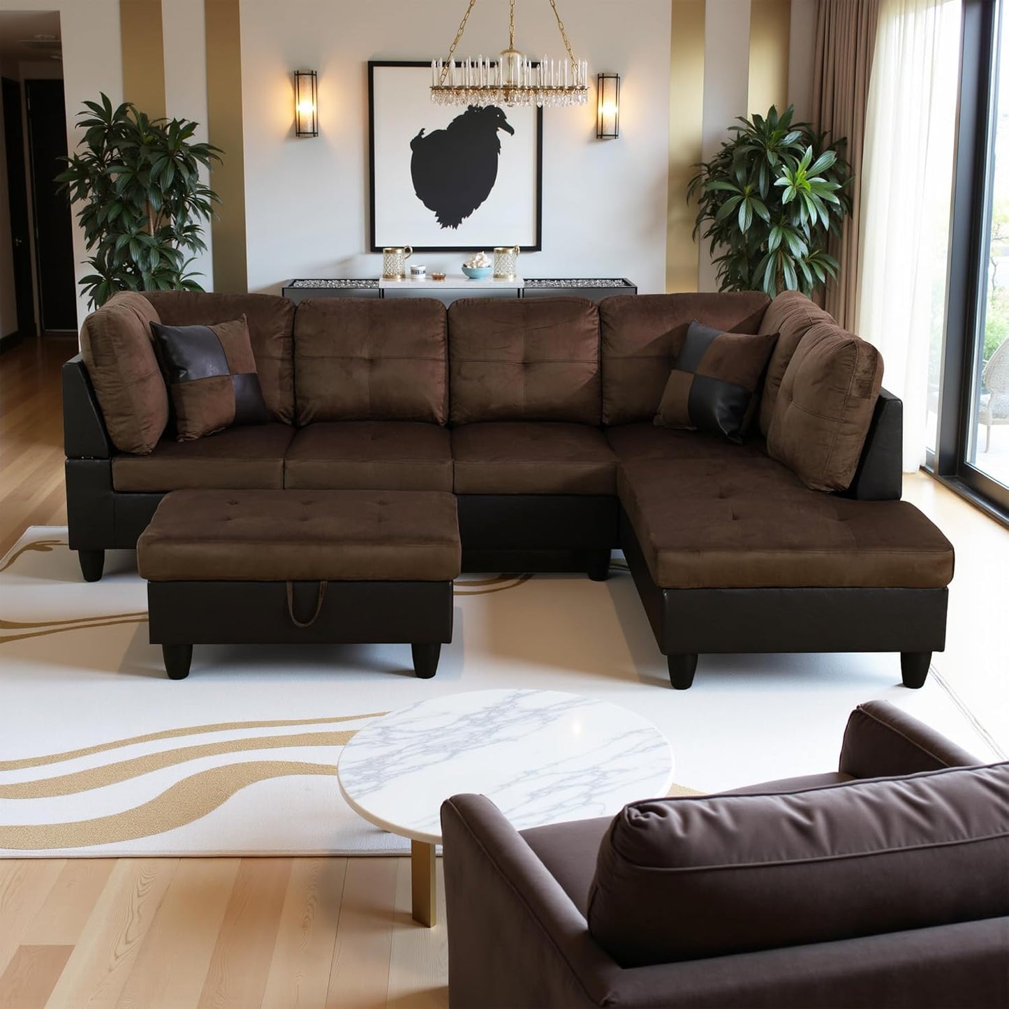 103.5" Oversized Sectional Couch, L Shaped Couch with Storage Ottoman, Modern Modular Sofa with Deep Seat, Sectional Couches for Living Room and Office, Brown (Lint and PVC)