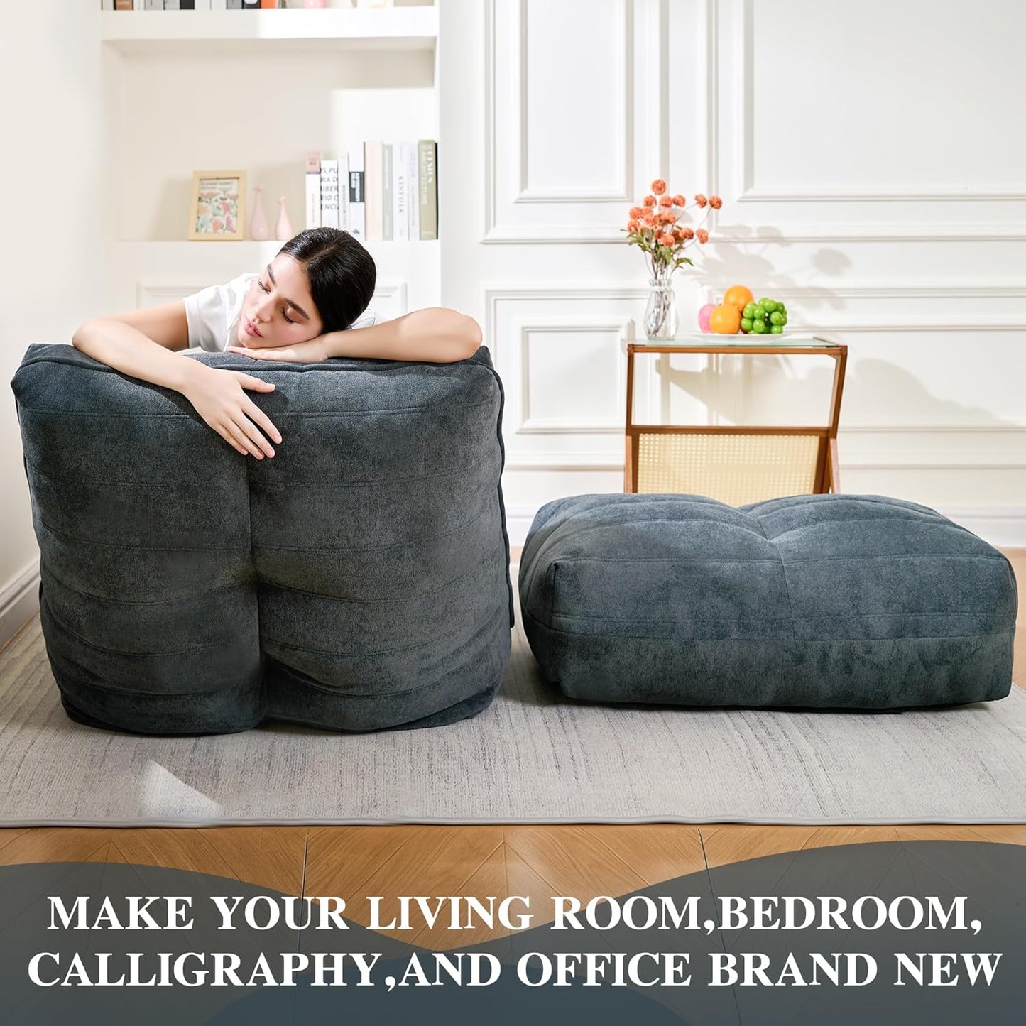 Bean Bag Chair with Ottoman, Comfy Bean Bag Sofa with Memory Foam, Lazy BeanBag Sofa with Footstool, Fireside Bean Bag Couch for Living Room, Bedroom, Apartment (Blue Gray)