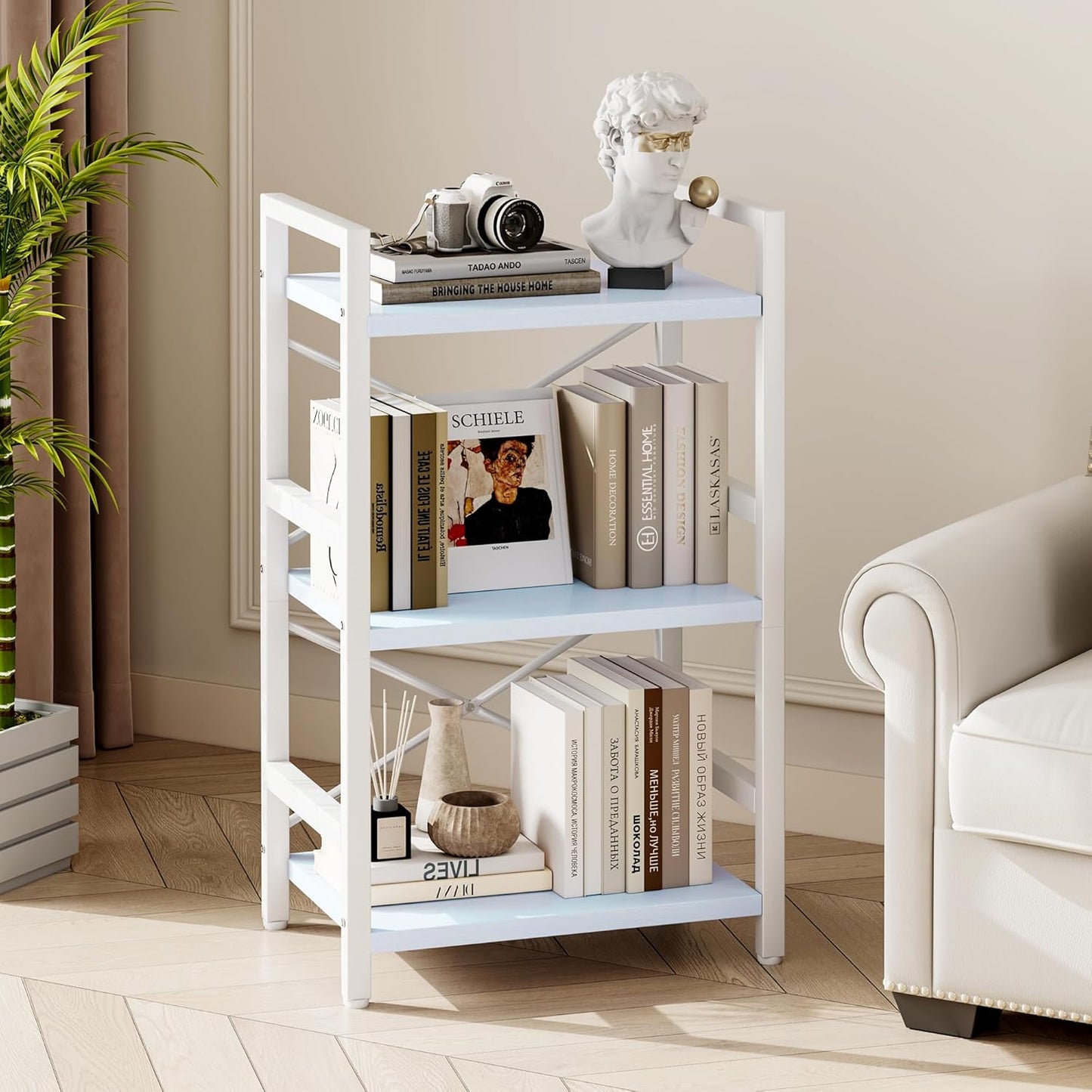 Homeiju Bookshelf, 3 Tier Industrial Bookcase, Metal Small Bookcase, Rustic Etagere Book Shelf Storage Organizer for Living Room, Bedroom, and Home Office(Blue) Patent Pending D29873033