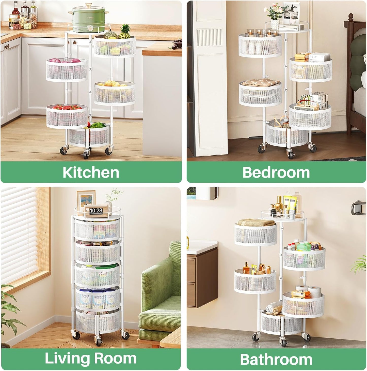 SAYZH Fruit Vegetable Basket for Kitchen, Rotating Storage Rack, 5 Tier Rolling Cart with top lid, Large Metal Wire Wheels (White)