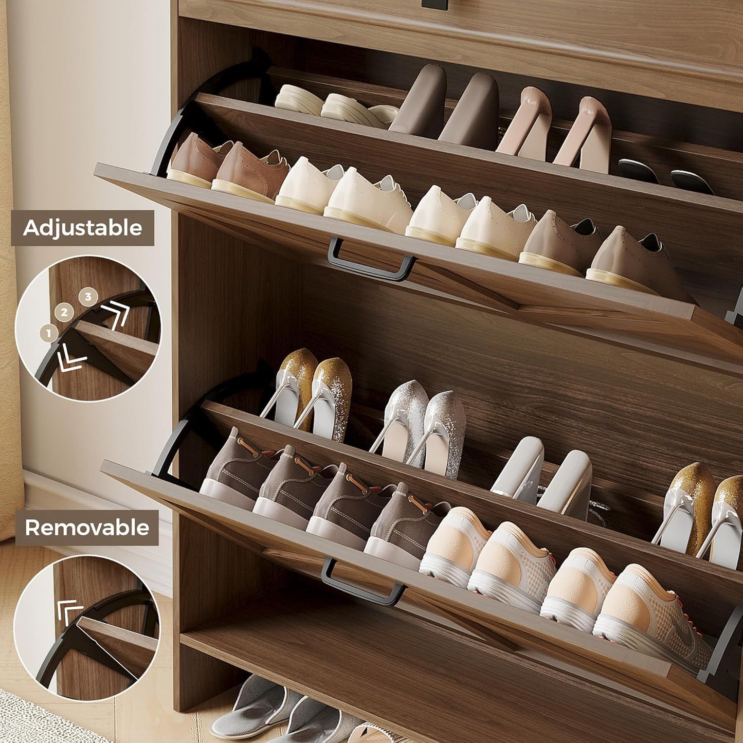 IRONCK Shoe Storage Cabinet with 2 Flip Drawers & Barn Door Design, Freestanding Shoe Cabinet Organizer with Drawer and Shelves for Entryway, Farmhouse Shoe Rack Cabinet,Dark Walnut