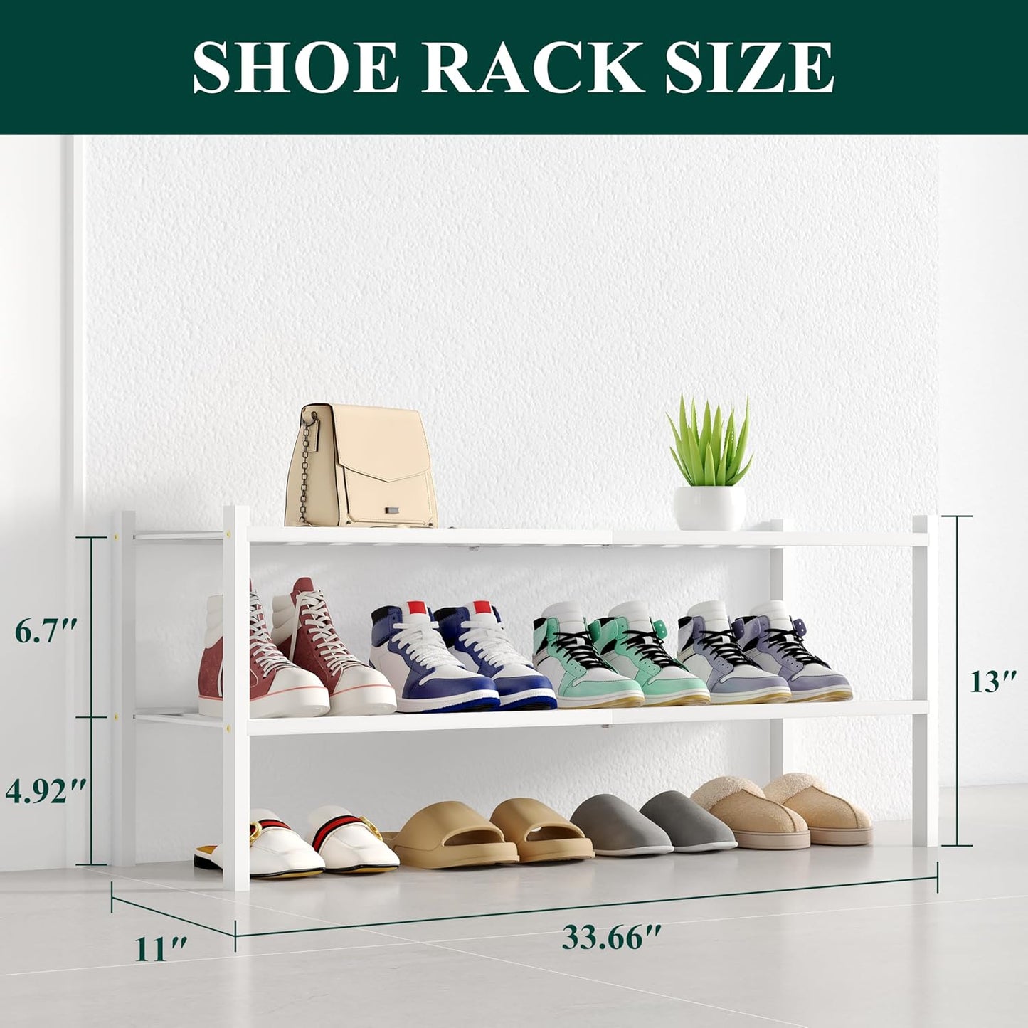Smiry Shoe Rack, 2 Tier Long Bamboo Shoe Organizer, Stackable Free Standing Wooden Shoe Storage Shelf for Closet, Entryway, Front Door Entrance, White