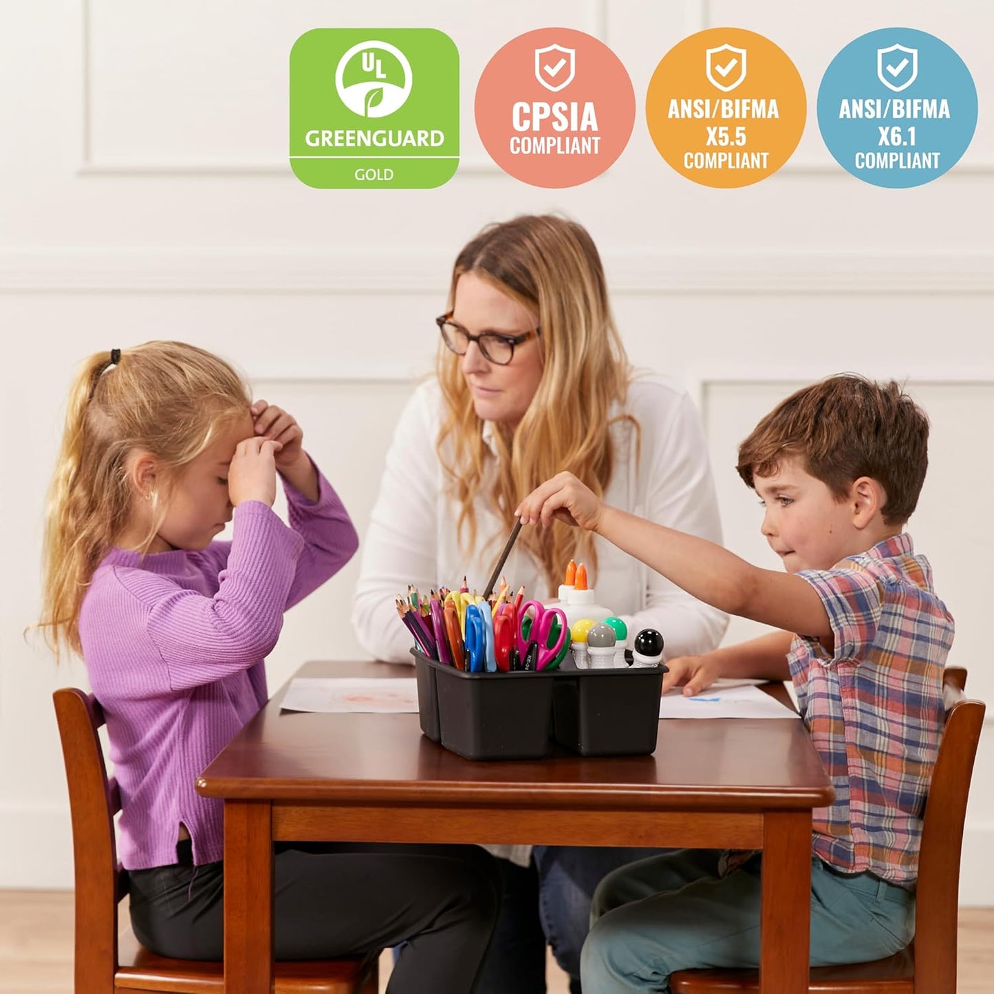 ECR4Kids 24in x 36in Rectangular Hardwood Table and Chair Set, 12in Seat Height, Kids Furniture, Dark Walnut