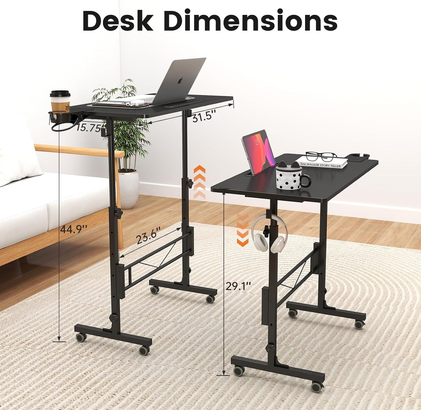 Hadulcet Small Standing Desk Adjustable Height, Mobile Stand Up Desk with Wheels, Portable Walking Pad Table Stand, Rolling Laptop Cart for Standing or Sitting, Black