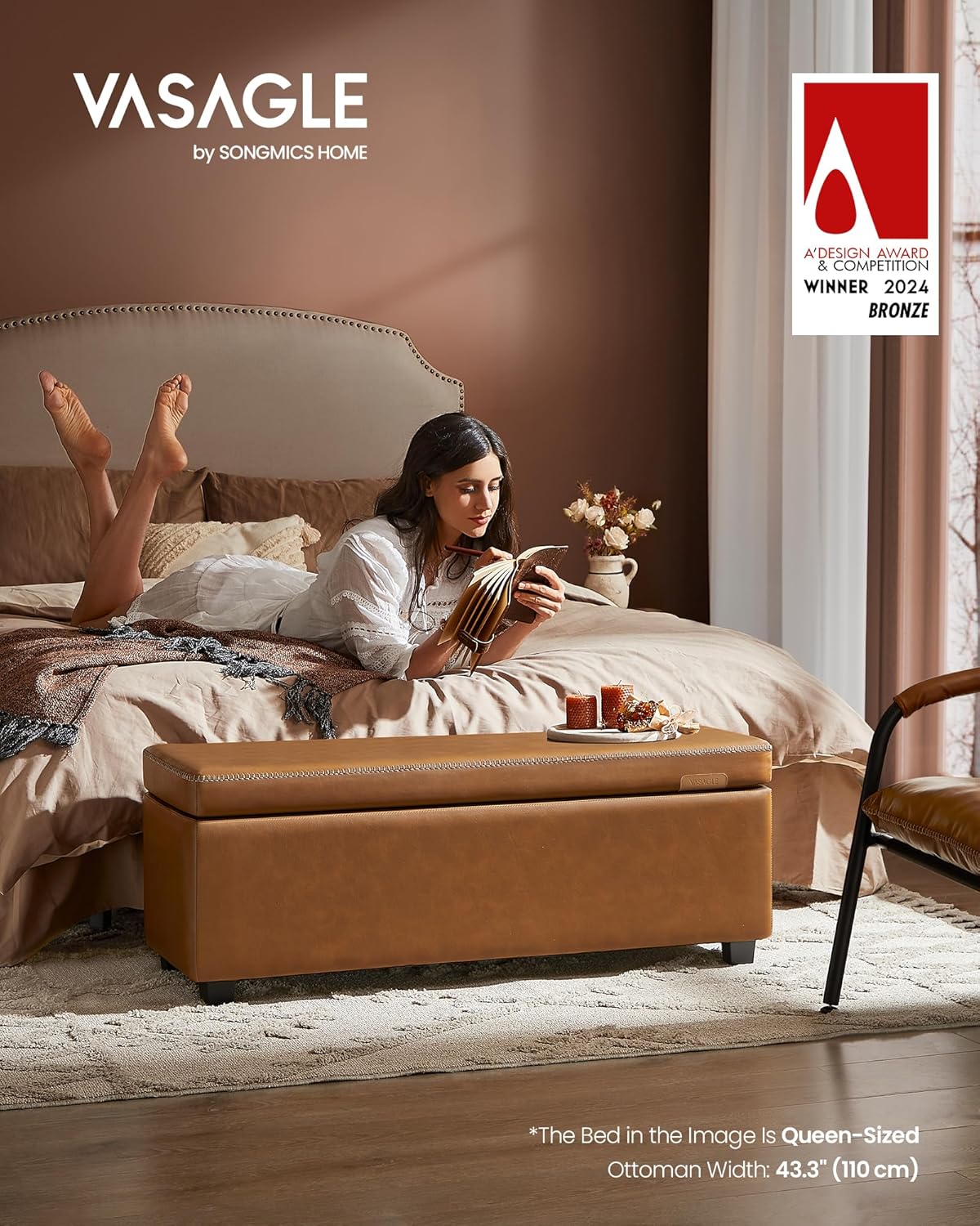 VASAGLE EKHO Collection - Storage Ottoman Bench, Entryway Bedroom Bench, 25 Gallons, Synthetic Leather with Stitching, Mid-Century Modern, Safety Hinges, Loads 660 lb, Caramel Brown ULOM075K01