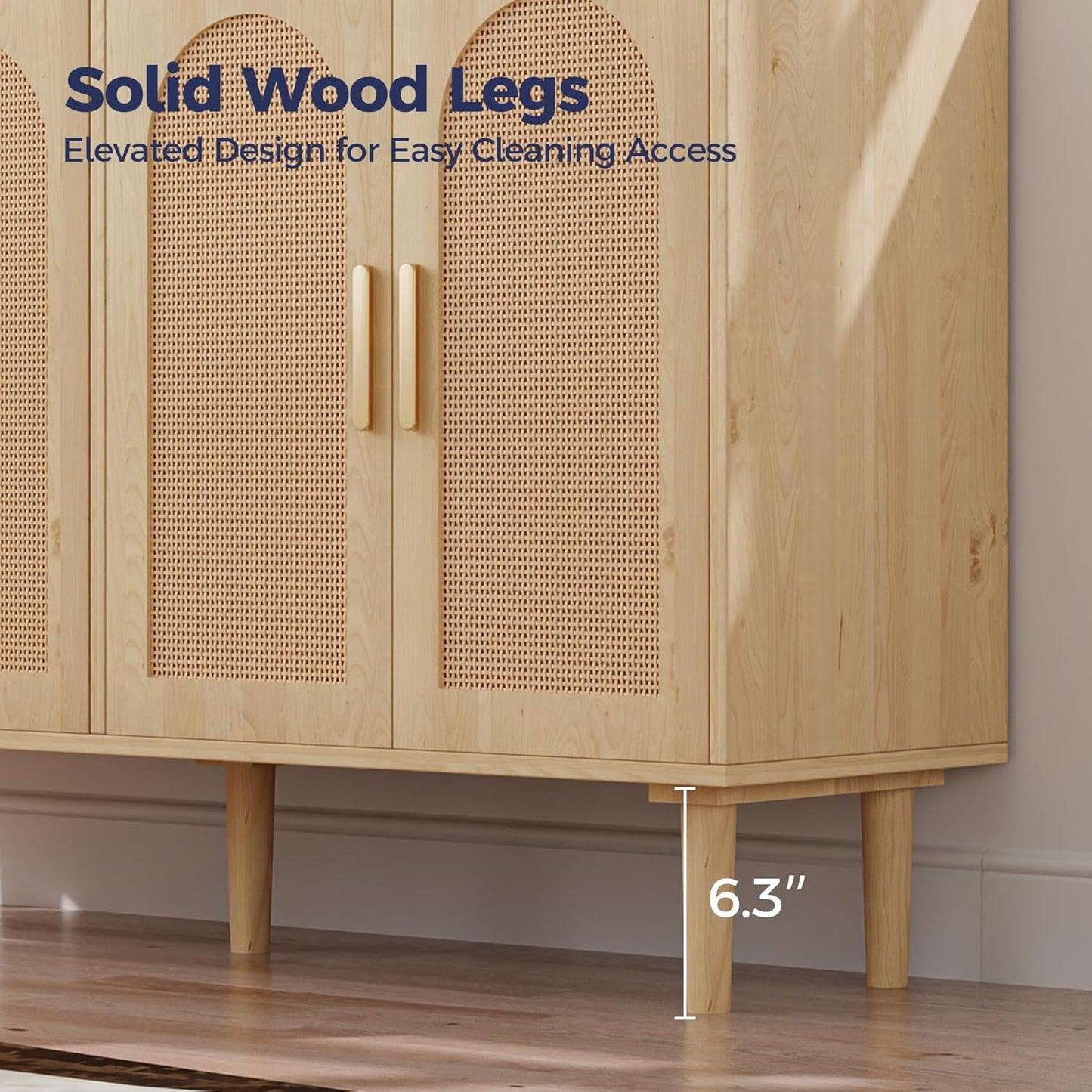 Buffet Cabinet with Storage, KitchenSideboard Cabinet with 4 Rattan Decorated Doors,Modern Accent Credenza Rattan Cabinet for Entryway,Natural