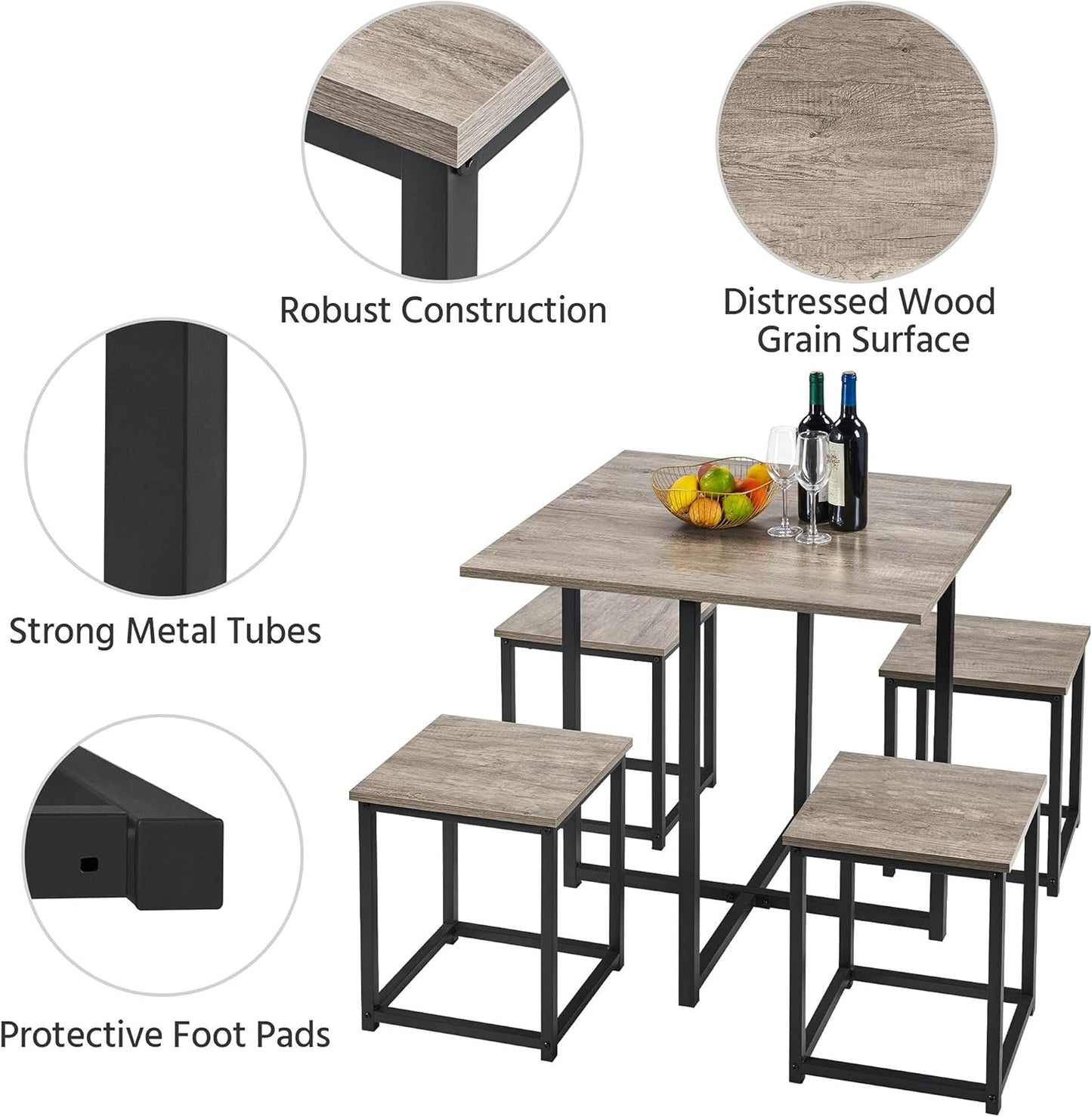 Yaheetech Dining Table Set for 4 Industrial Kitchen Table with 4 Chairs, Space-Saving Design for Apartment, Small Space, Breakfast Nook, Gray