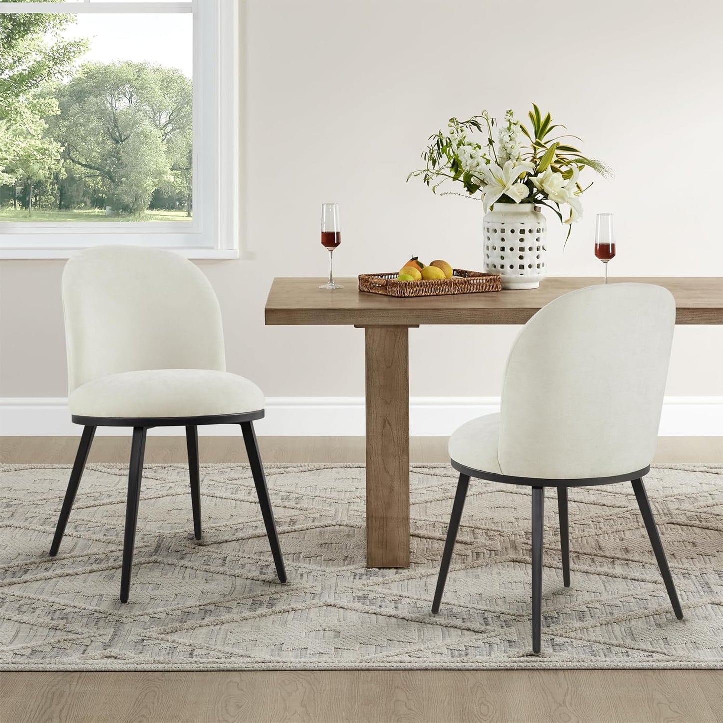 Dining Chairs Set of 6, Fabric Upholstered Dining Room Chairs with Ergonomic Backrest & Metal Legs, Modern Kitchen Side Chairs for Home, Restaurant, and Café, Ivory, 2 Boxs