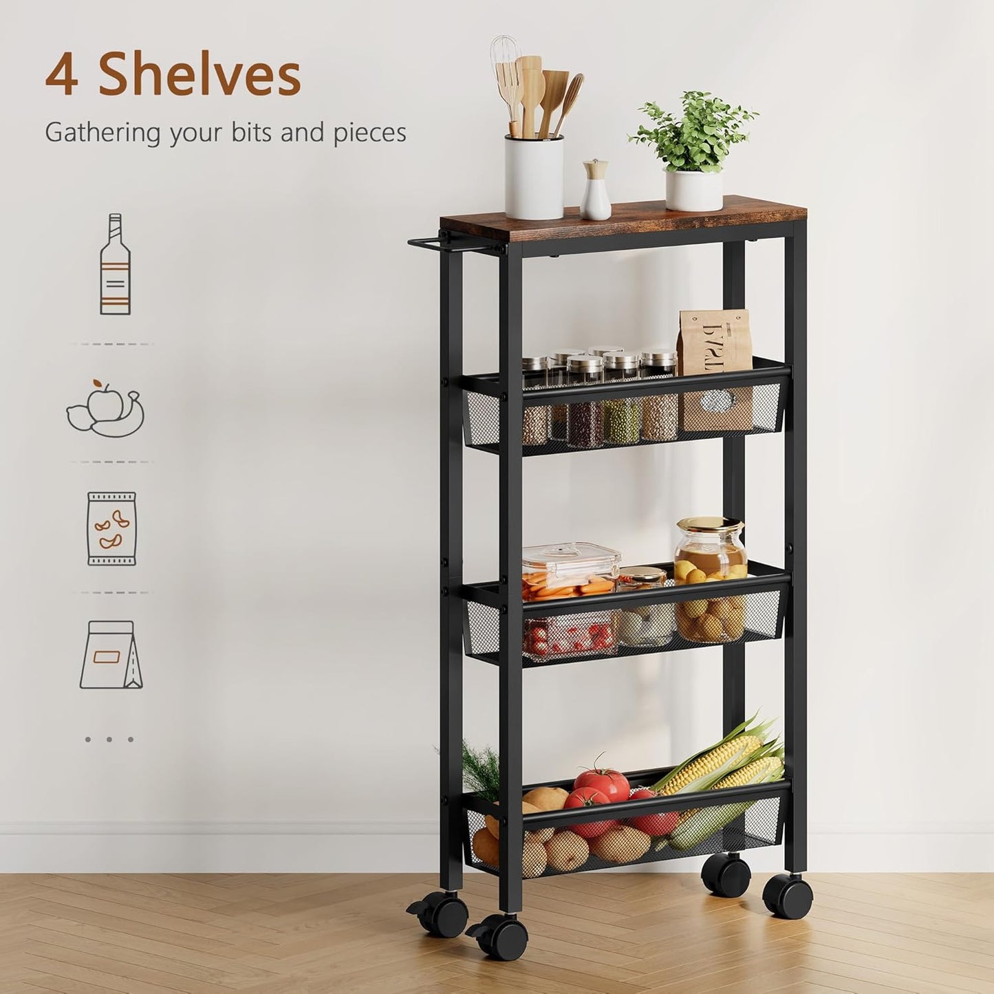 Hoctieon Slim Rolling Storage Cart, 4-Tier Narrow Kitchen Storage Cart with Handle & Wheels, Mobile Shelving Unit, Wooden Top & Metal Frame, Utility Cart for Kitchen, Small Spaces, Rustic Brown