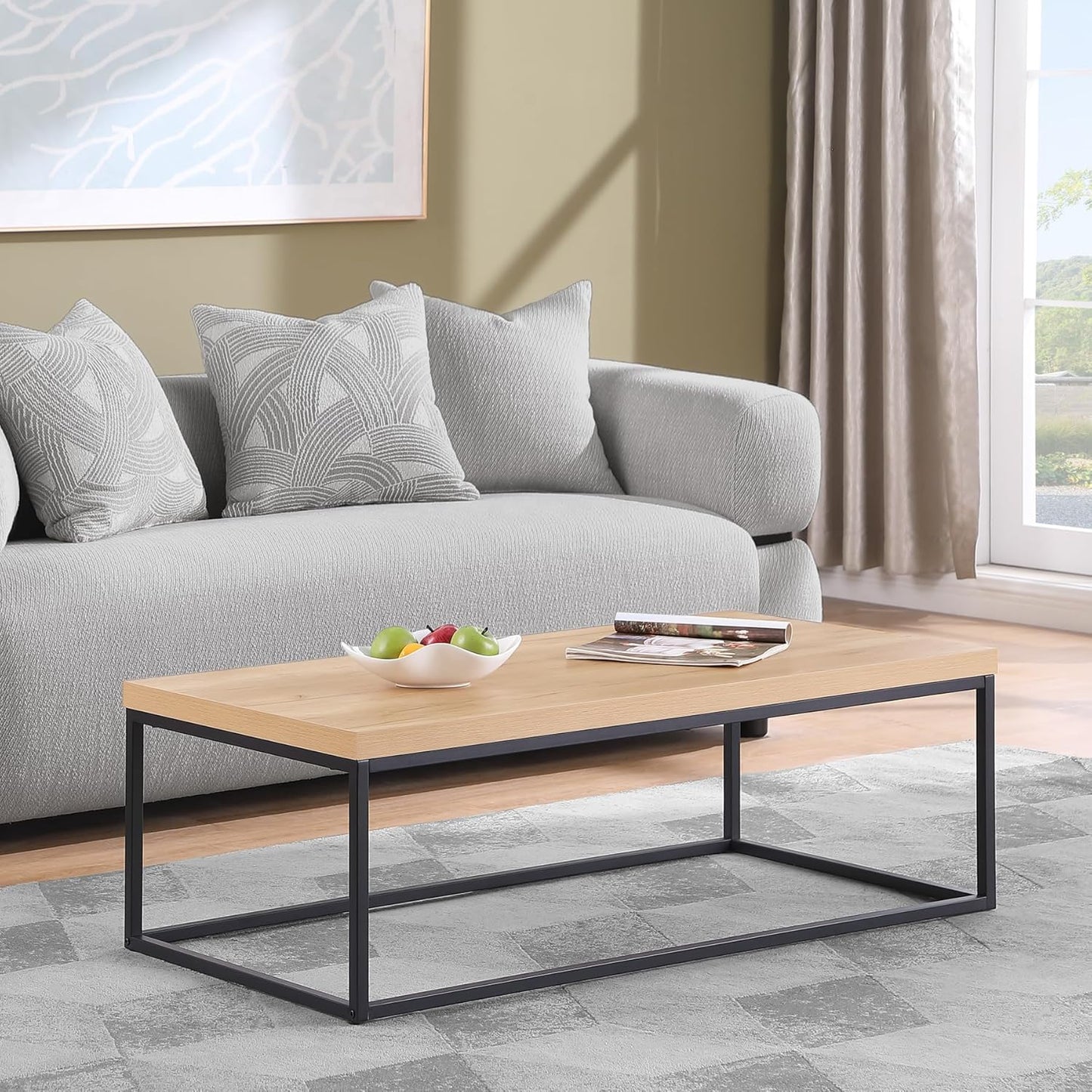 CENSI 47-Inch Natural Oak Accent Coffee Table/Center Table for Living Room, Rectangle Modern Industrial Style,Wood and Metal, Max.Loading 220 lbs. (White Oak)