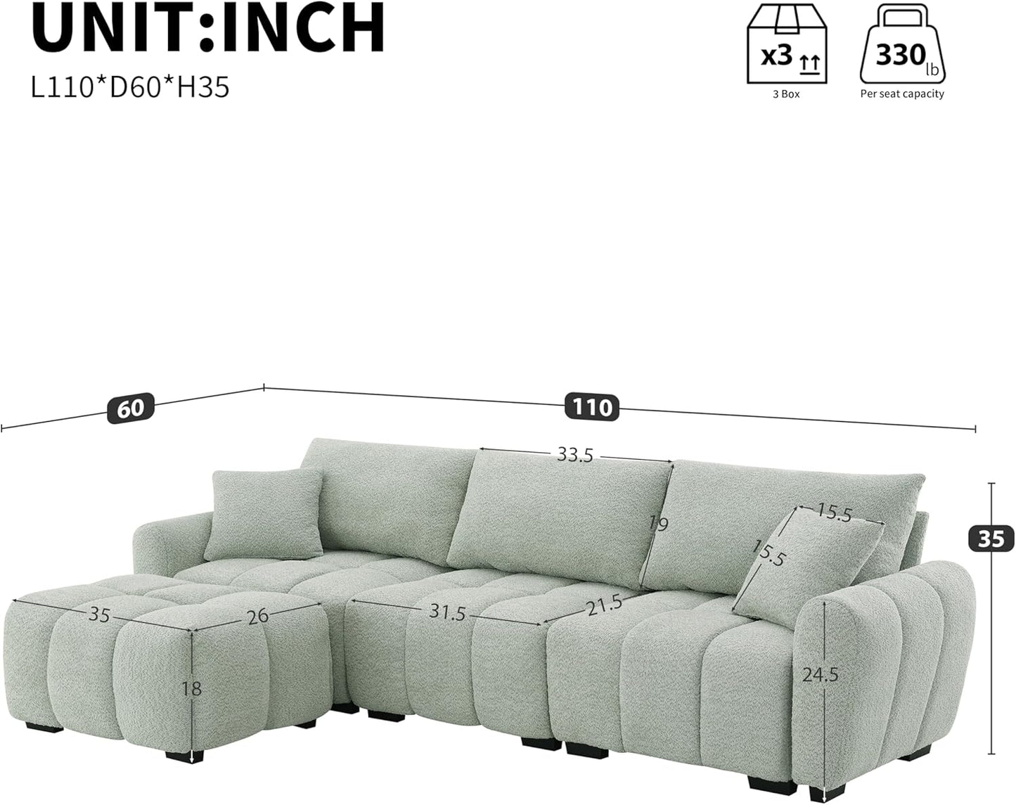 Ball & Cast Modular Sectional Sofa W/Movable Ottoman and 2 Lumbar Pillows,4 Seater L Shaped Couch W/Deep Seat&Pull-line Design,Boucle Fabric Upholstered Sofa for Living Room,Apartment,Light Green,110"