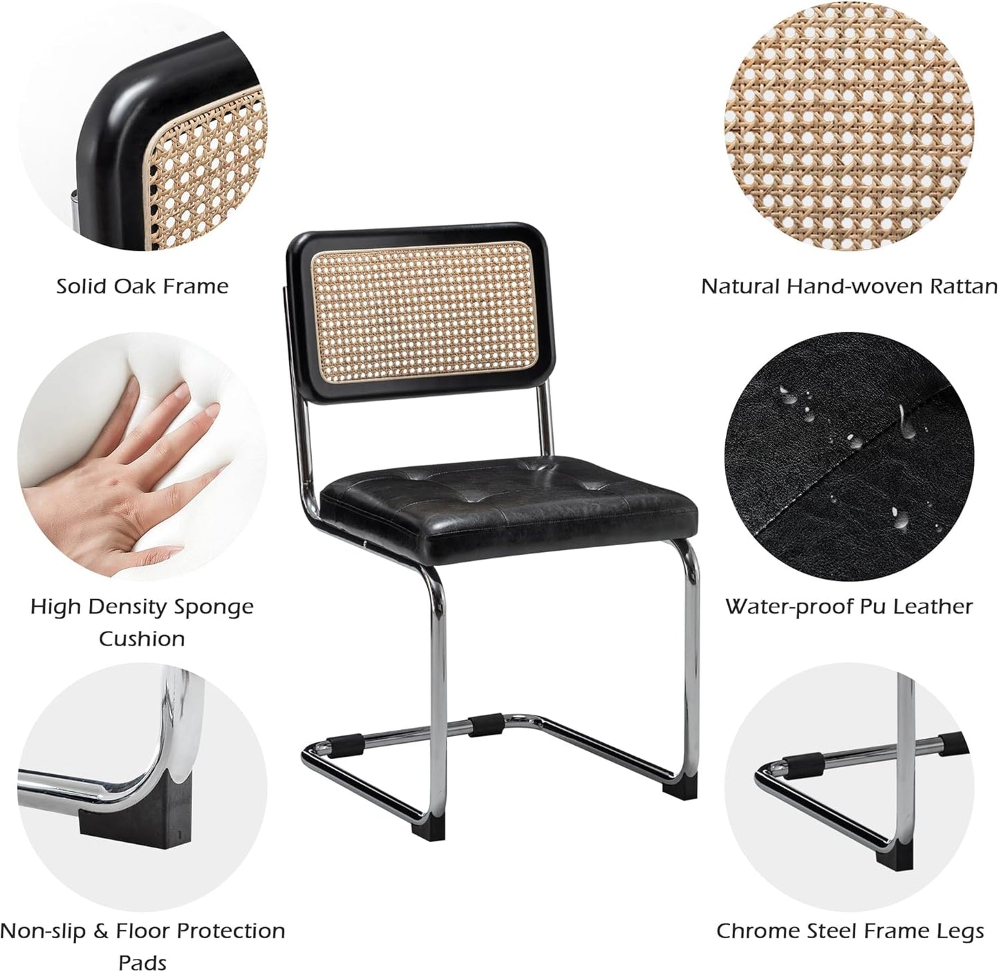 Rattan Dining Chairs Set of 2 Mid Century Modern Kitchen Chairs with Natural Rattan Backrest Oak Frame and Upholstered Pu Seat Chairs with Metal Legs, Black