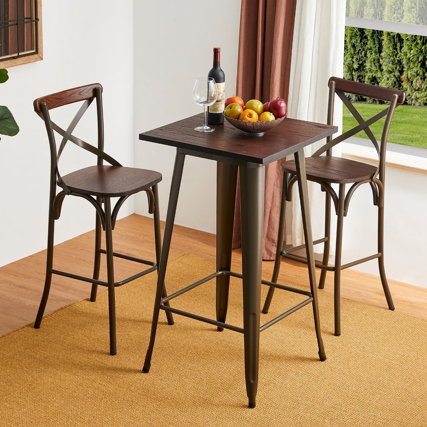 Glitzhome 41.25" H Modern Style Square High Heavy-Duty Metal Bar Table with Wooden Top Sturdy Frame Bistro Pub Table