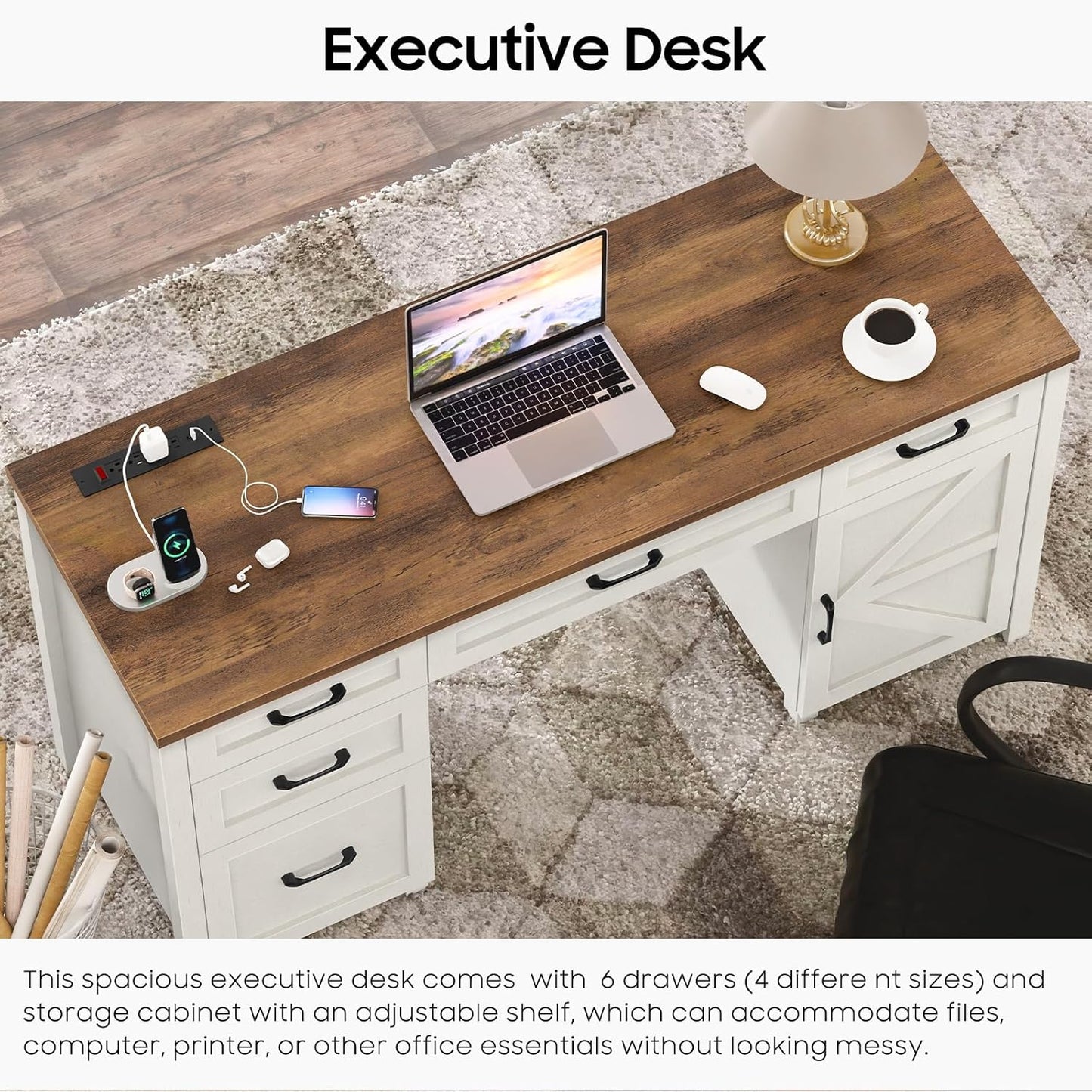 Farmhouse 61'' Executive Desk with 5 Drawers, Rustic Office Desk Computer Desk with Charging Station, File Drawers and Storage Cabinet, Wood Workstation for Home Office and Study.(Brown Top)