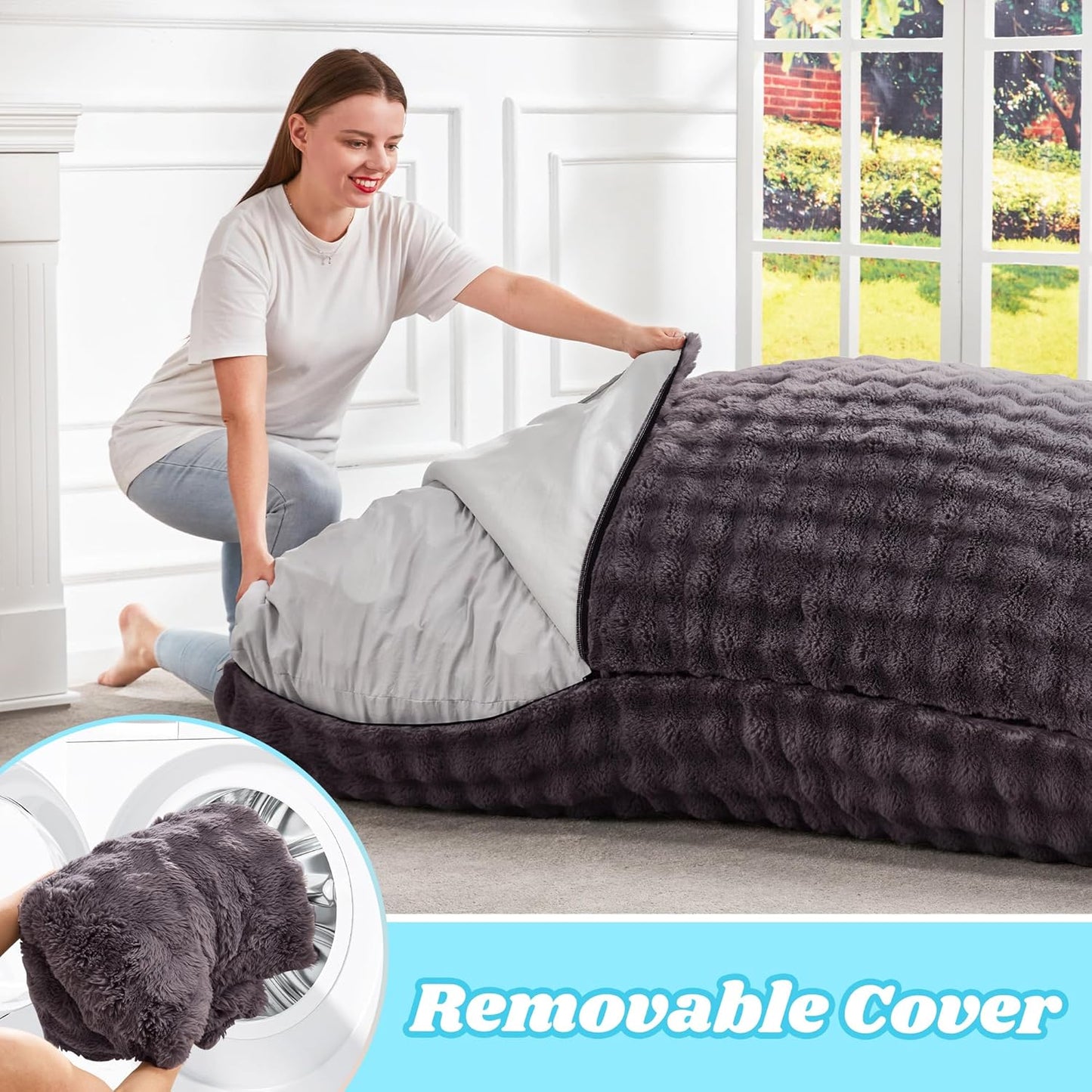 Hobestluk 3 in 1 Bean Bag Chair Giant Bean Bag Chairs for Adults with Bubble Cover Convertible Bean Bag Floor Cushion with Machine Washable Cover for Living Room (Bubble Dark Grey)