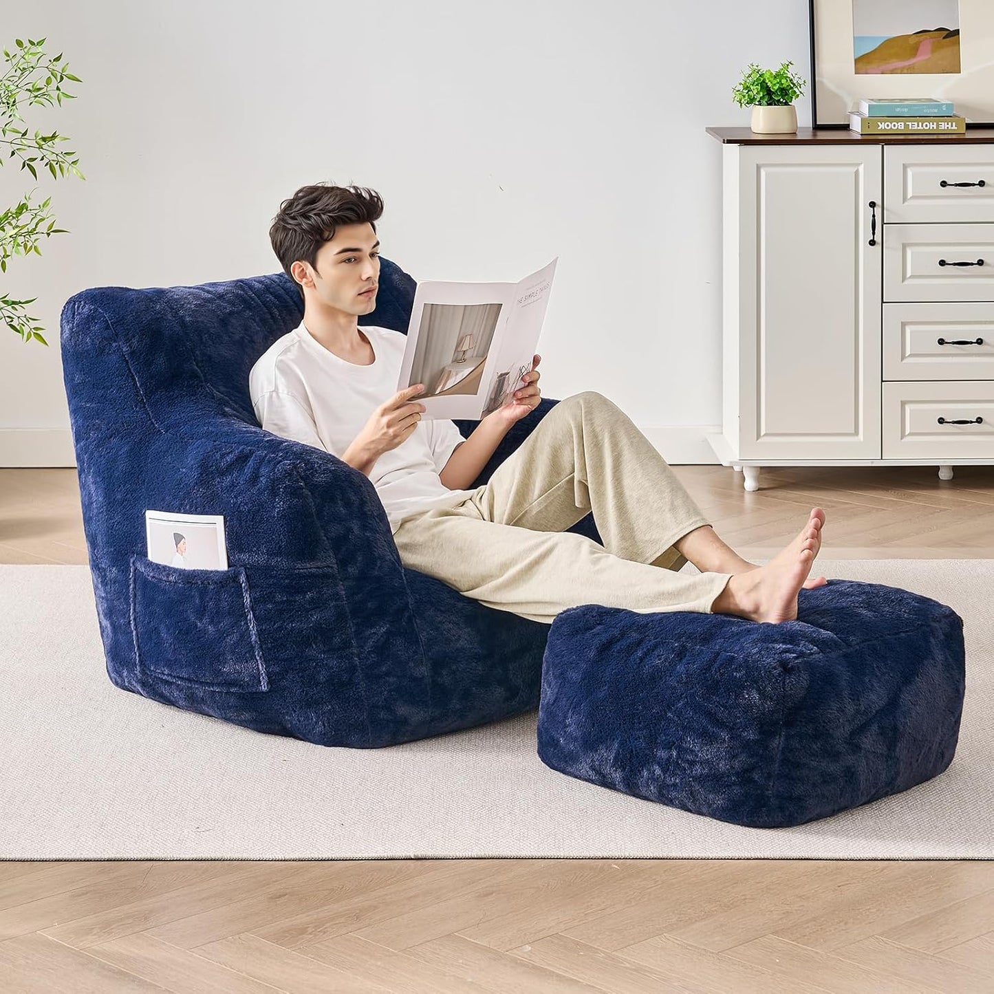 Giant Bean Bag Chairs for Adults with Ottoman, Faux Fur Boneless Chaise Couch Filler with Memory Foam,Large BeanBag Lounge Lazy Floor Sofa Accent Chair for Living Room,Bedroom & Game Rooms