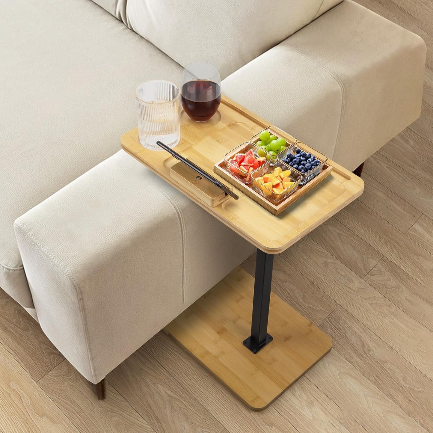 Bamboo Sofa Side Table Adjustable Height,Snack C Shaped End Table with Swivel Phone Stand,TV Trays for Eating on Couch, Small Spaces/Bathtub/Recliner/Bed/Sofa,Oblong.