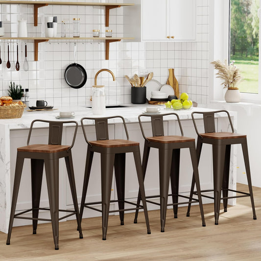 WENTMENT Bar Stools Set of 4 Counter Height Bar Stools Metal Barstools with Removable Back 30" Kitchen Bar Stools with Wooden Seat, Rusty