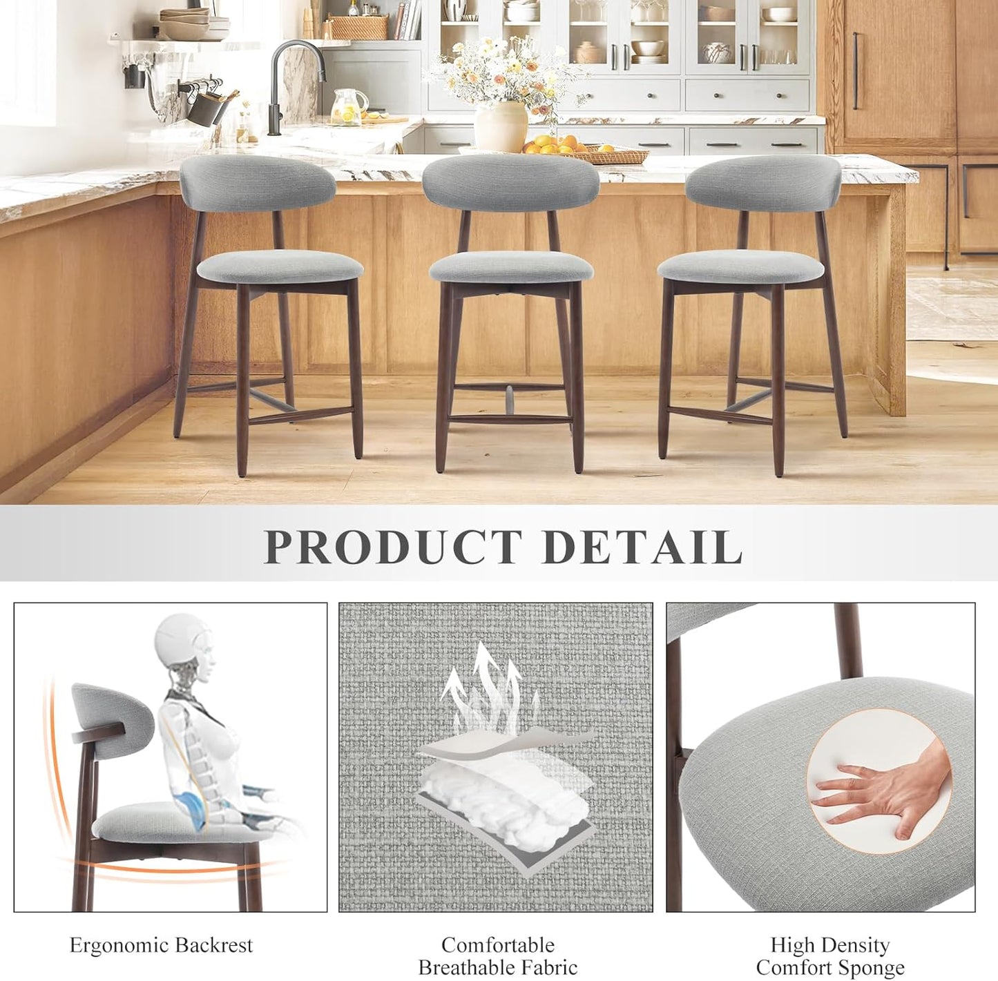 COLAMY Bar Stools Set of 4, Counter Height Bar Stools, Upholstered Counter Stools with Wood Legs for Kitchen Island Dining Room Bar, Light Grey