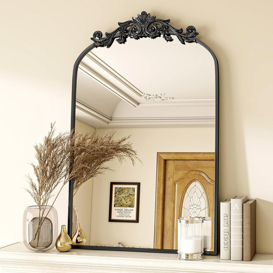 Vintage Arched Bathroom Mirror, 24x36 Inch Retro Wall Mounted Vanity Mirror with Carved Pattern Top and Metal Frame, Black Decorative Mirror for Hanging or Leaning