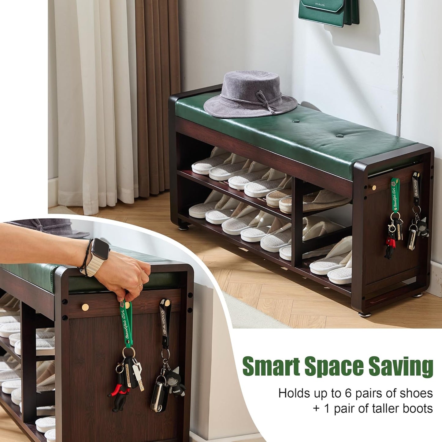 Nnewvante 37.4 inch Shoe Bench with Green Leather Cushion, 3-Tier Large Shoe Rack for Entryway Organizer, 100% Bamboo Ottoman Upholstered Bench for Hallway, Living Room, End of Bed Padded Bench