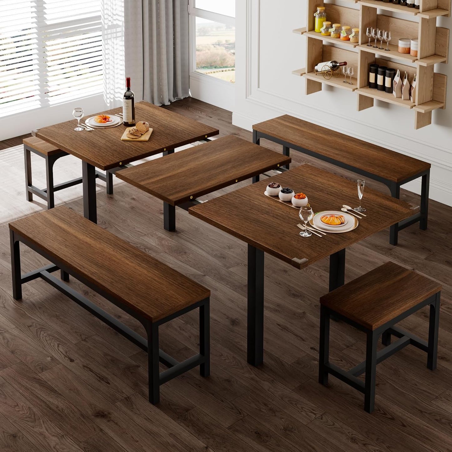 Feonase 5-Piece Dining Table Set for 4-8 People, 63" Extendable Kitchen Table with 2 Benches and 2 Square Stools, Mid-Century Modern Wooden Dining Room Table, Space-Saving, Walnut
